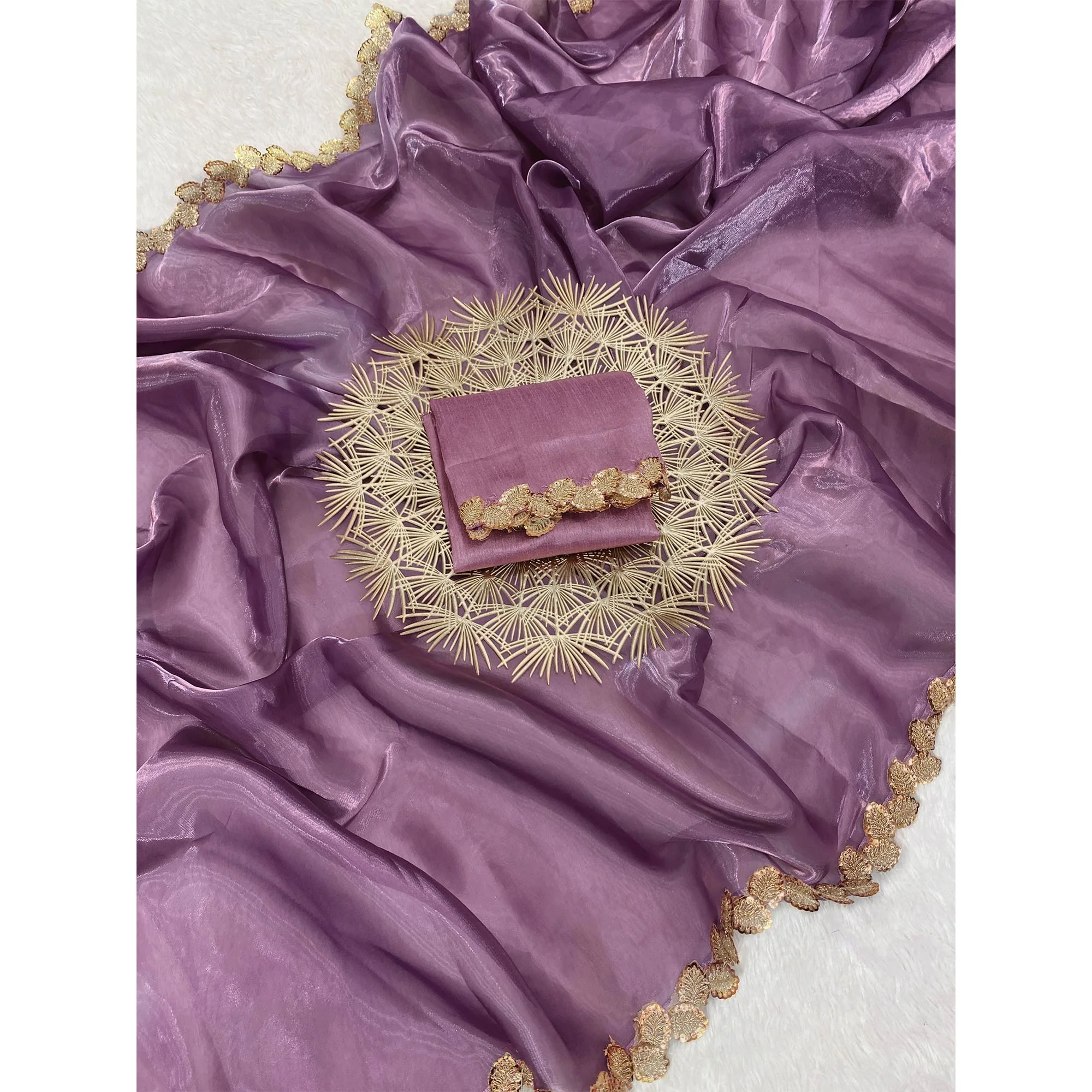 Purple Tissue Saree Featuring Solid Finish and Delicate Lace Work by Jimmy Choo Style - Image 3
