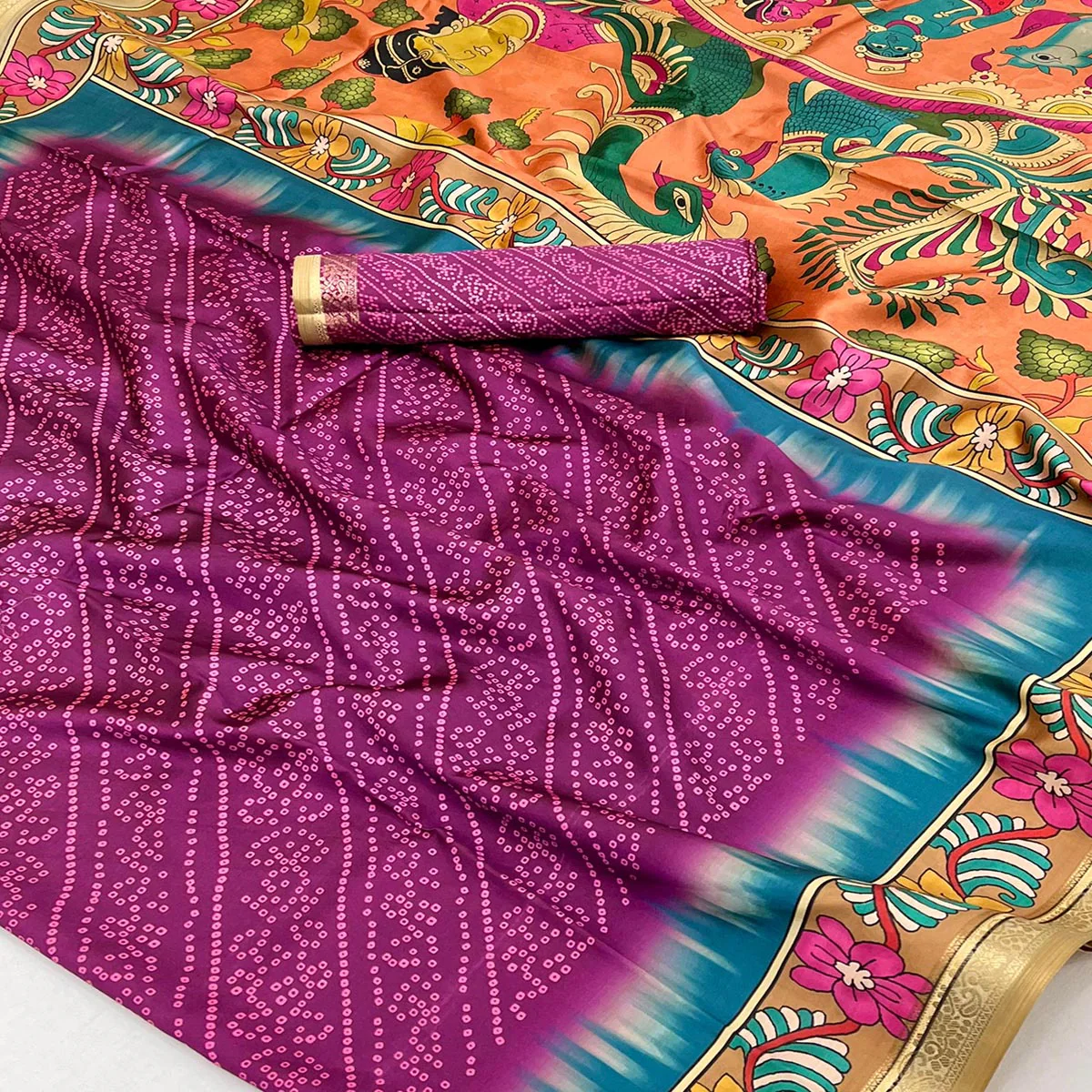 Purple Traditional Bandhani & Floral Digital Printed Art Silk Saree With Peacock Motif Pallu - Image 2