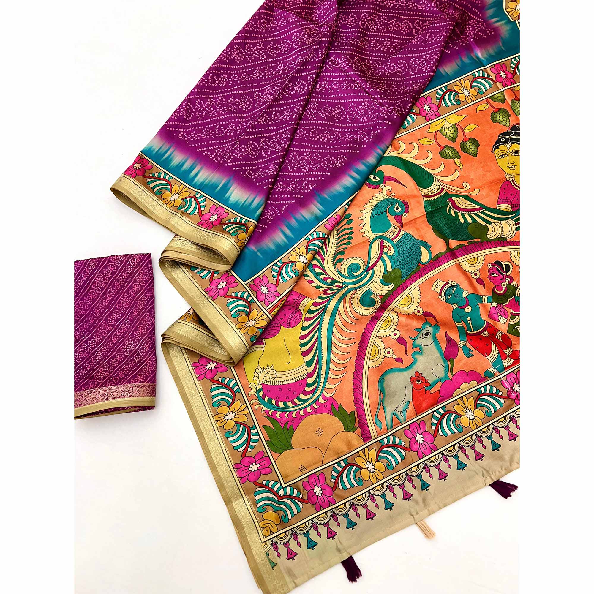 Purple Traditional Bandhani & Floral Digital Printed Art Silk Saree With Peacock Motif Pallu - Image 3