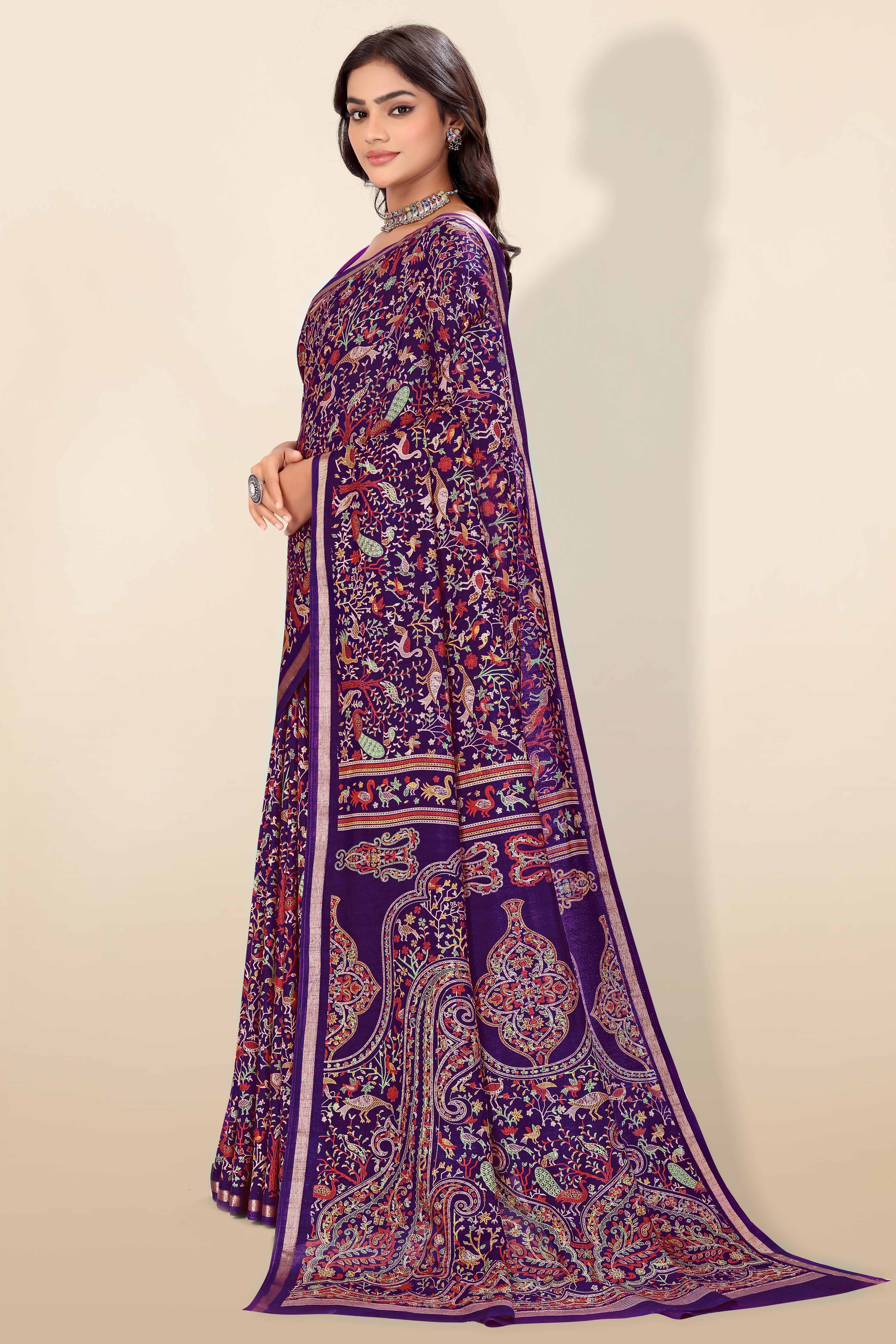 Purple Tussar Silk Blend Saree with Intricate Floral & Bird Kashmiri Print & Elegant Zari Border - Image 7