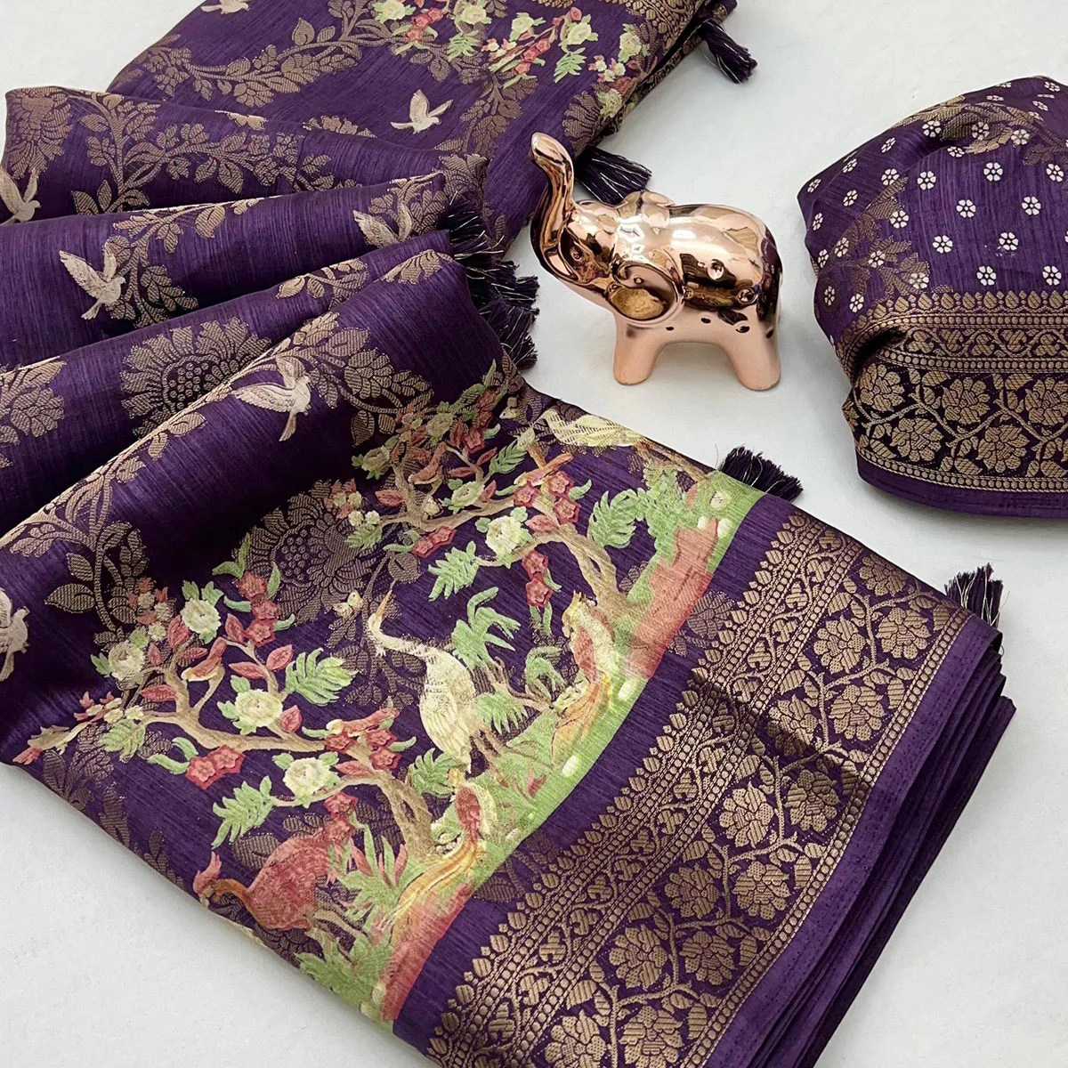 Purple Tussar Silk Jacquard Saree With Intricate Floral Zari Weaving & Tassel Border - Image 2