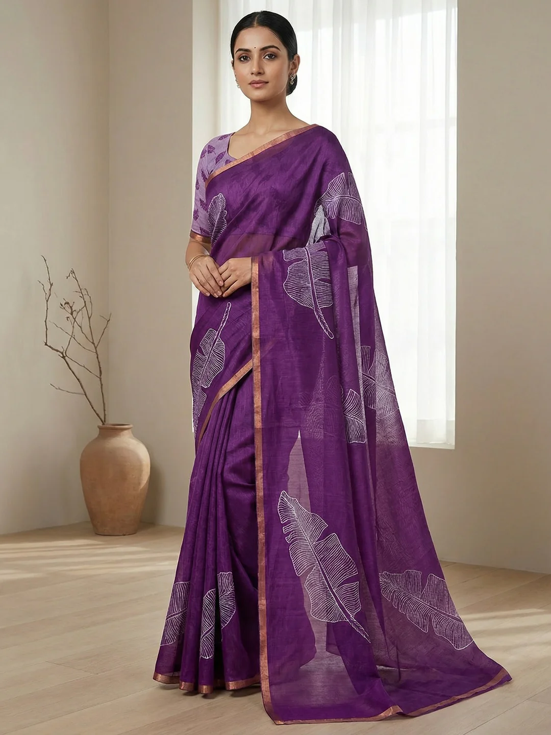 Purple Tussar Silk Saree with Leaf Print and Matching Blouse