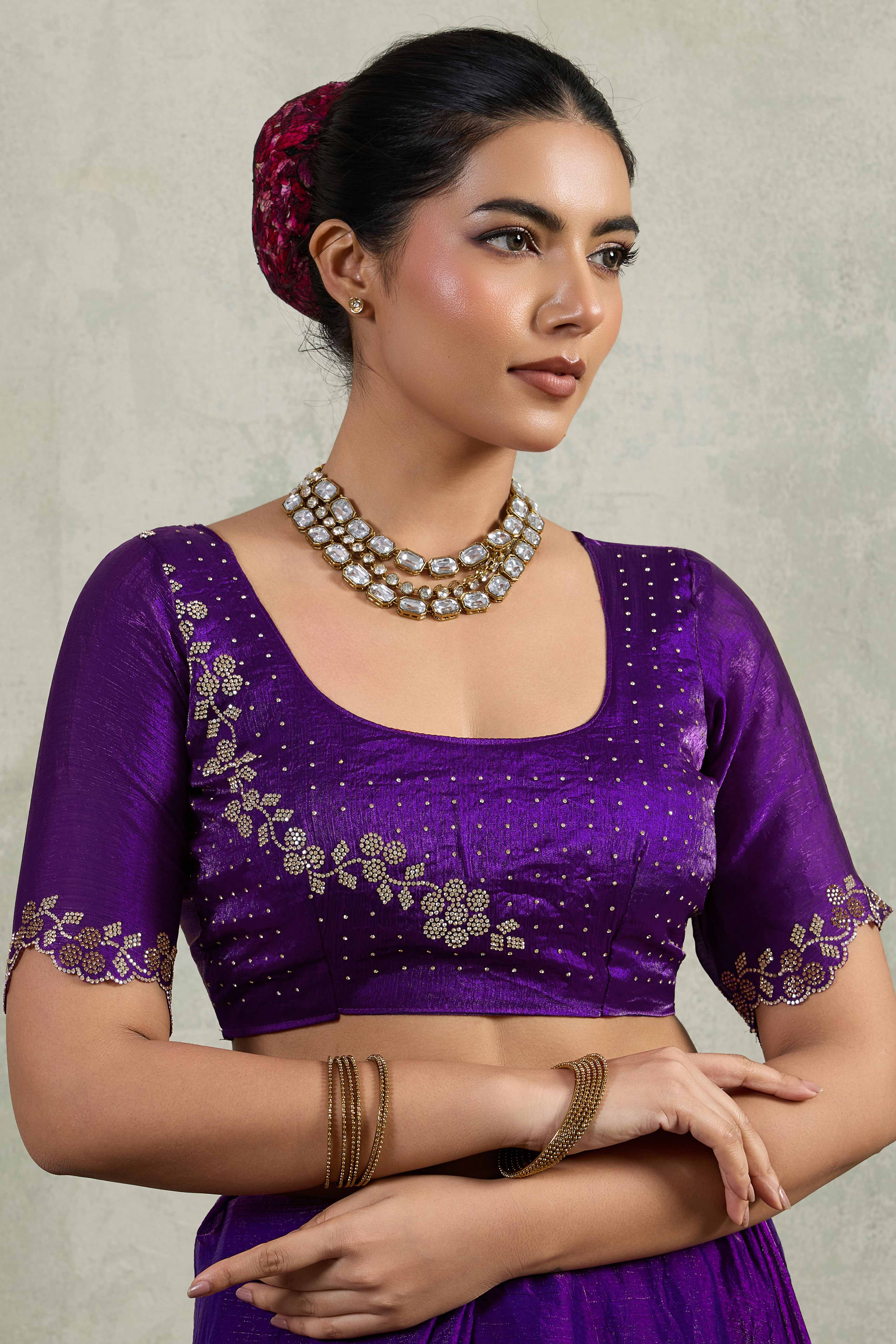 Purple Velvet Chiffon Saree Accented with Sparkling Zarkan Detailing - Image 6