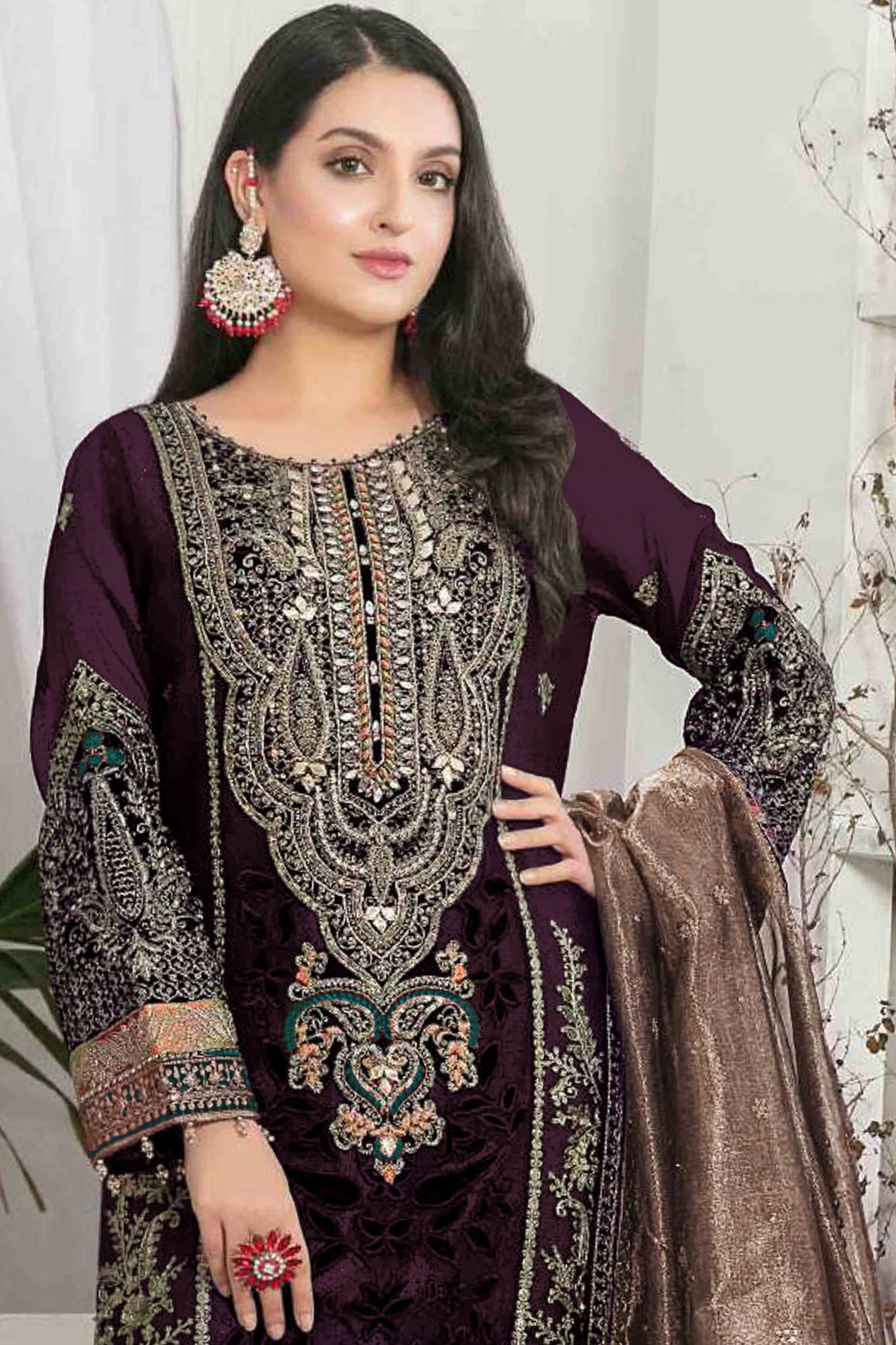 Purple Velvet Dress Material Adorned with Sequins & Thread Embroidery - Image 3