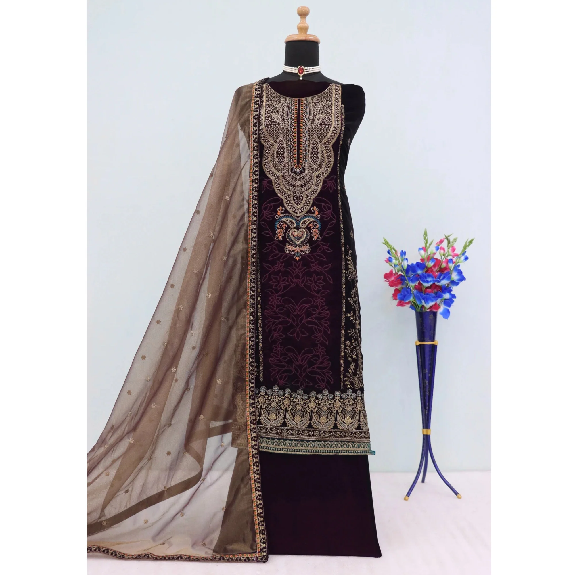 Purple Velvet Dress Material Adorned with Sequins & Thread Embroidery - Image 4