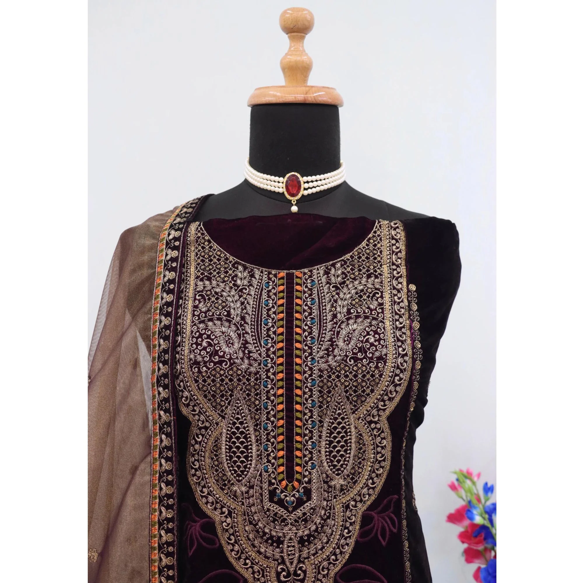 Purple Velvet Dress Material Adorned with Sequins & Thread Embroidery - Image 5