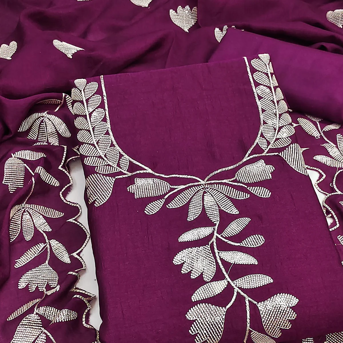 Purple  Vichitra Silk Dress Material Accented With Delicate Floral Thread Embroidery & Sequins - Image 2