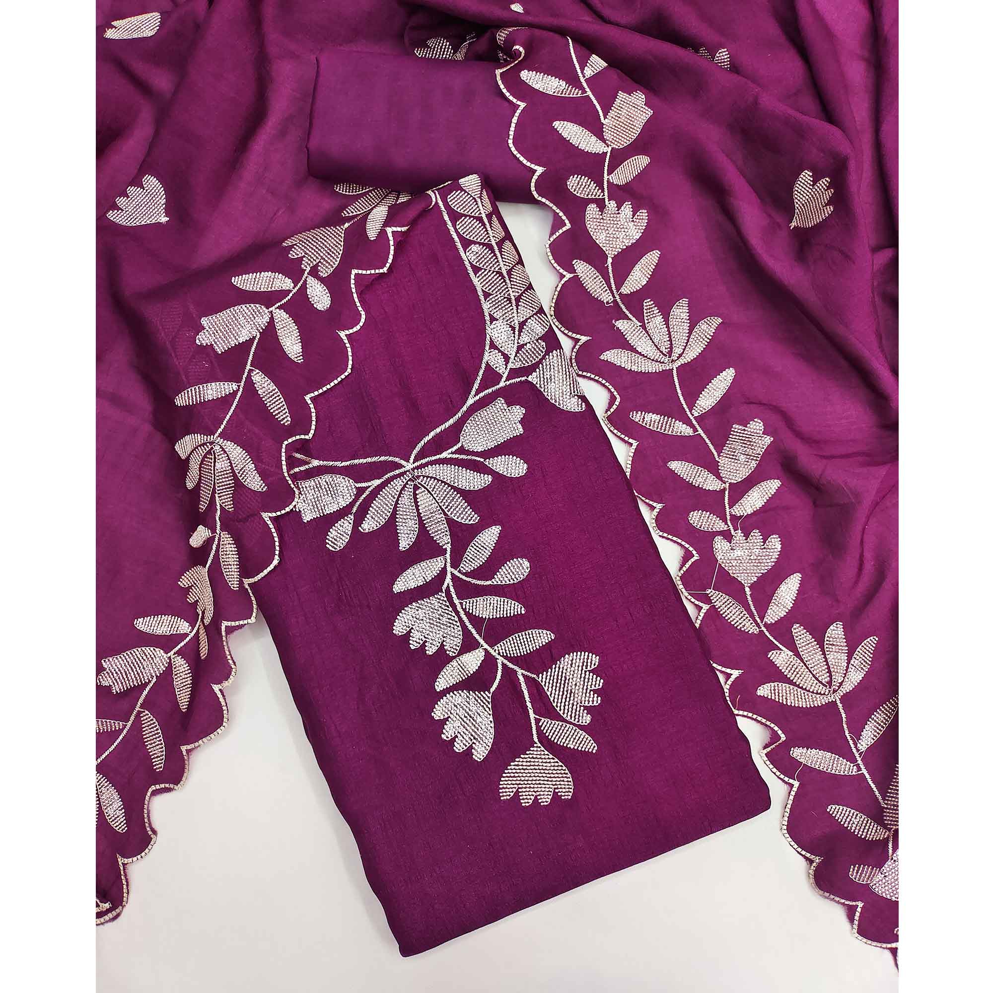 Purple  Vichitra Silk Dress Material Accented With Delicate Floral Thread Embroidery & Sequins - Image 3