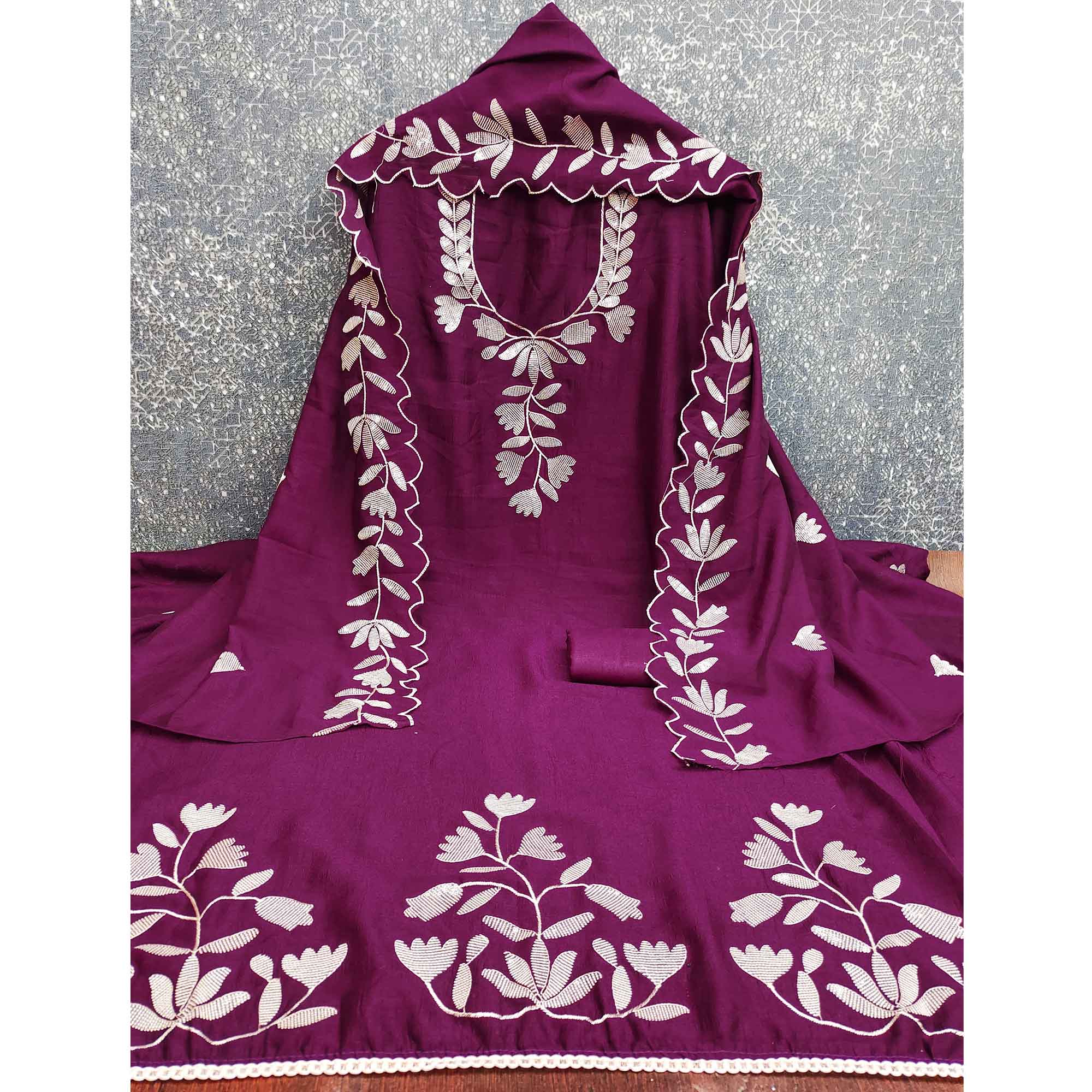 Purple  Vichitra Silk Dress Material Accented With Delicate Floral Thread Embroidery & Sequins - Image 4