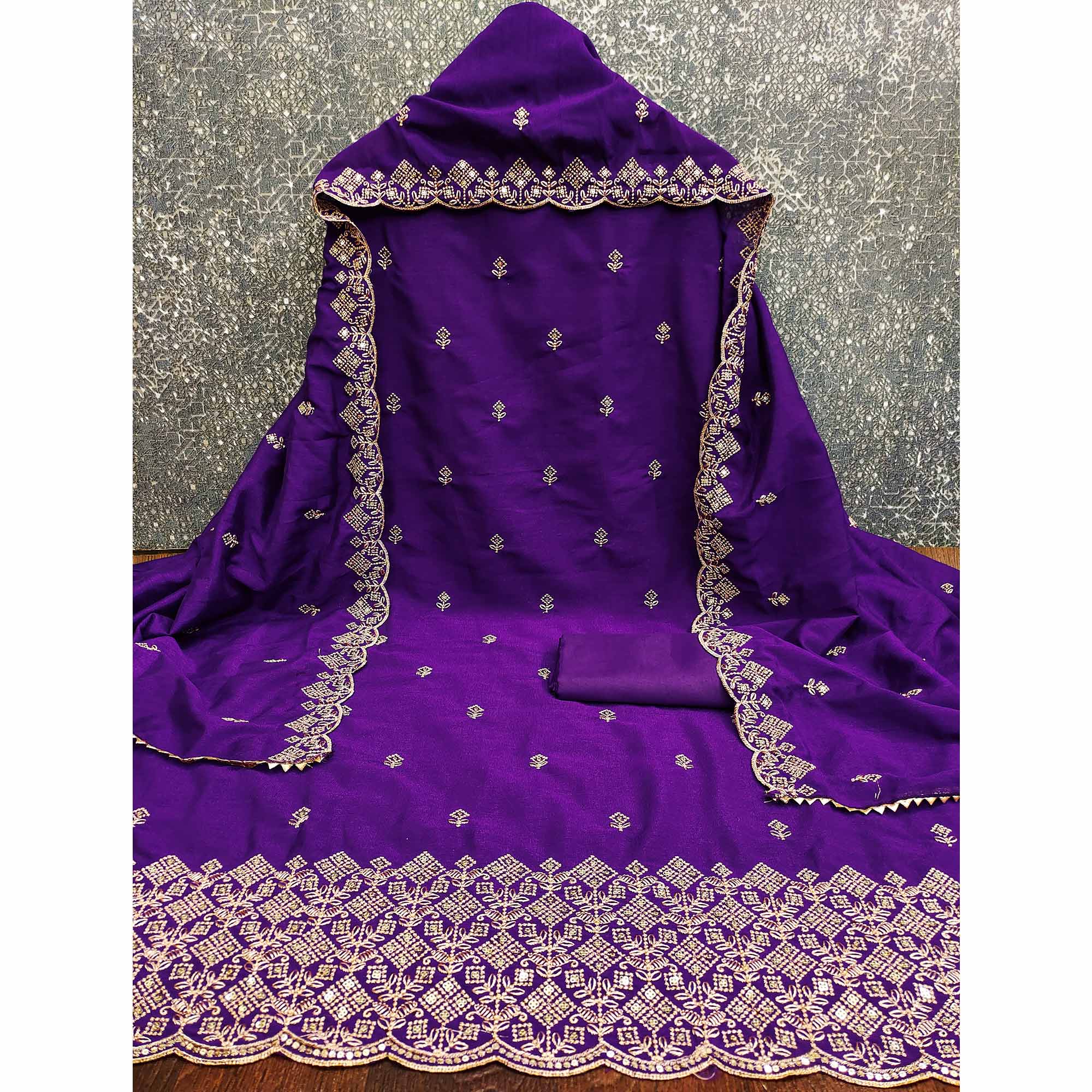 Purple Vichitra Silk Dress Material Featuring Intricate Floral Embroidery & Sequins Work - Image 4