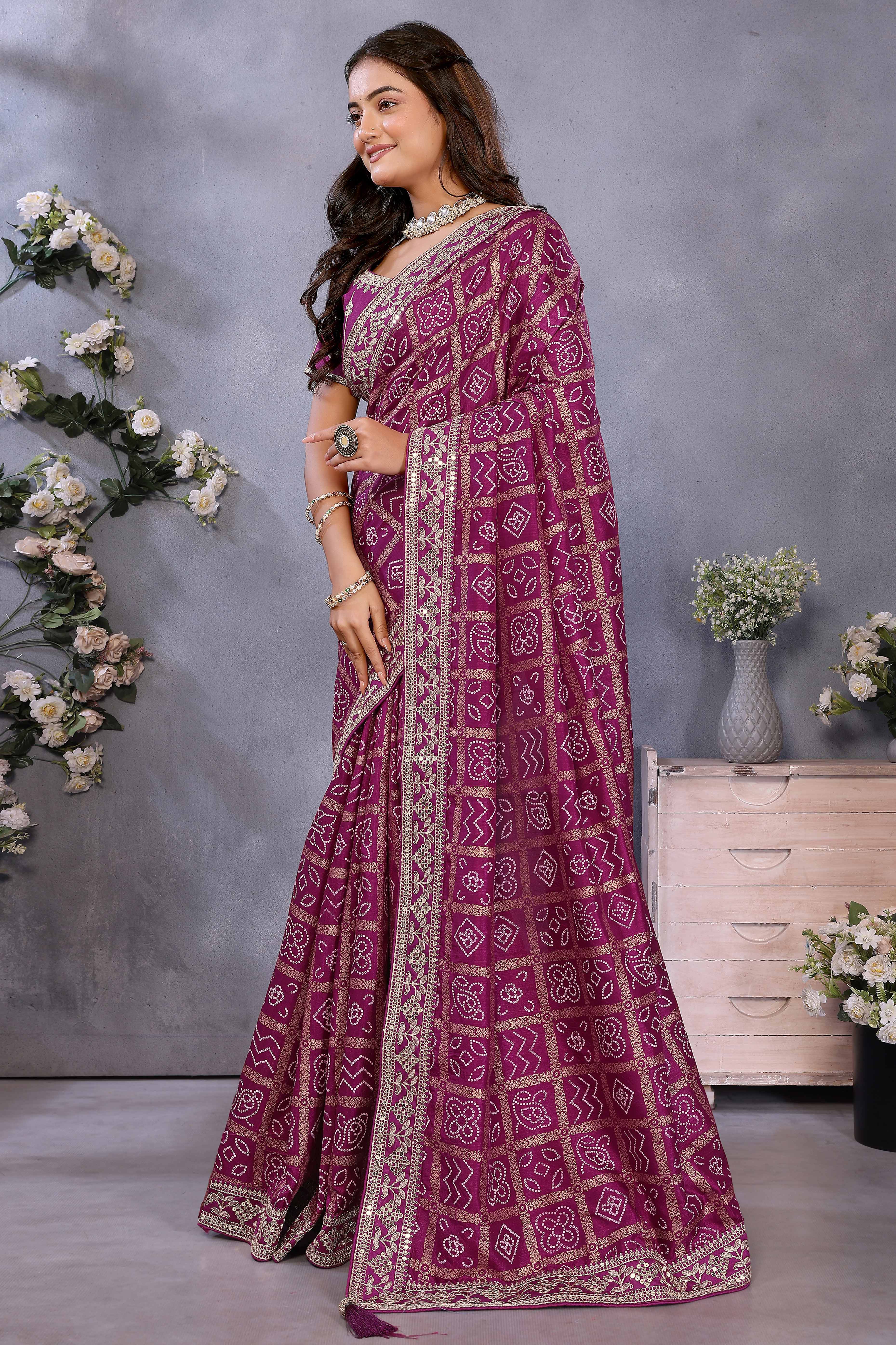 Purple Vichitra Silk Saree Highlighted with Bandhani Print and Sequins Embroidered Border - Image 3