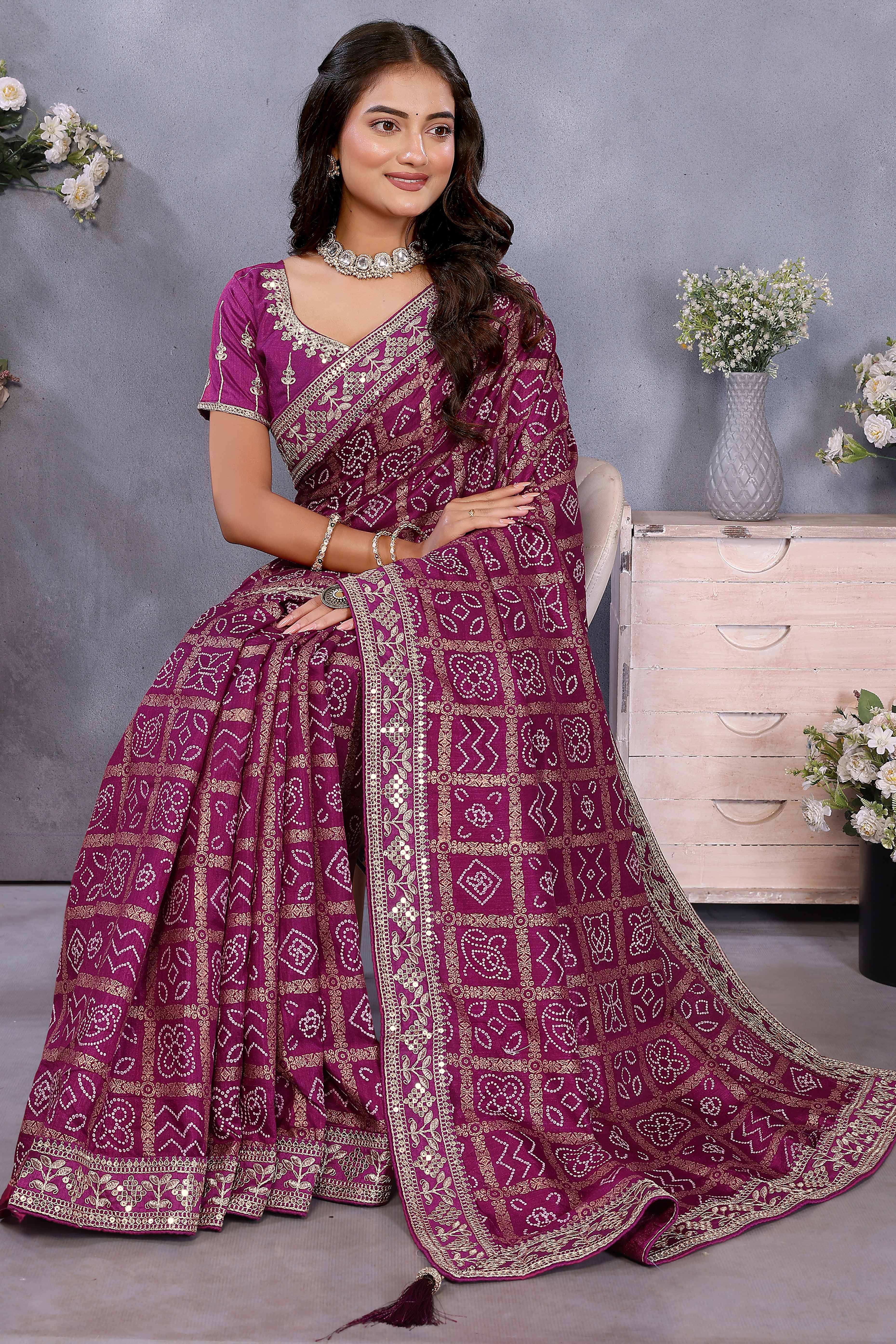 Purple Vichitra Silk Saree Highlighted with Bandhani Print and Sequins Embroidered Border - Image 4