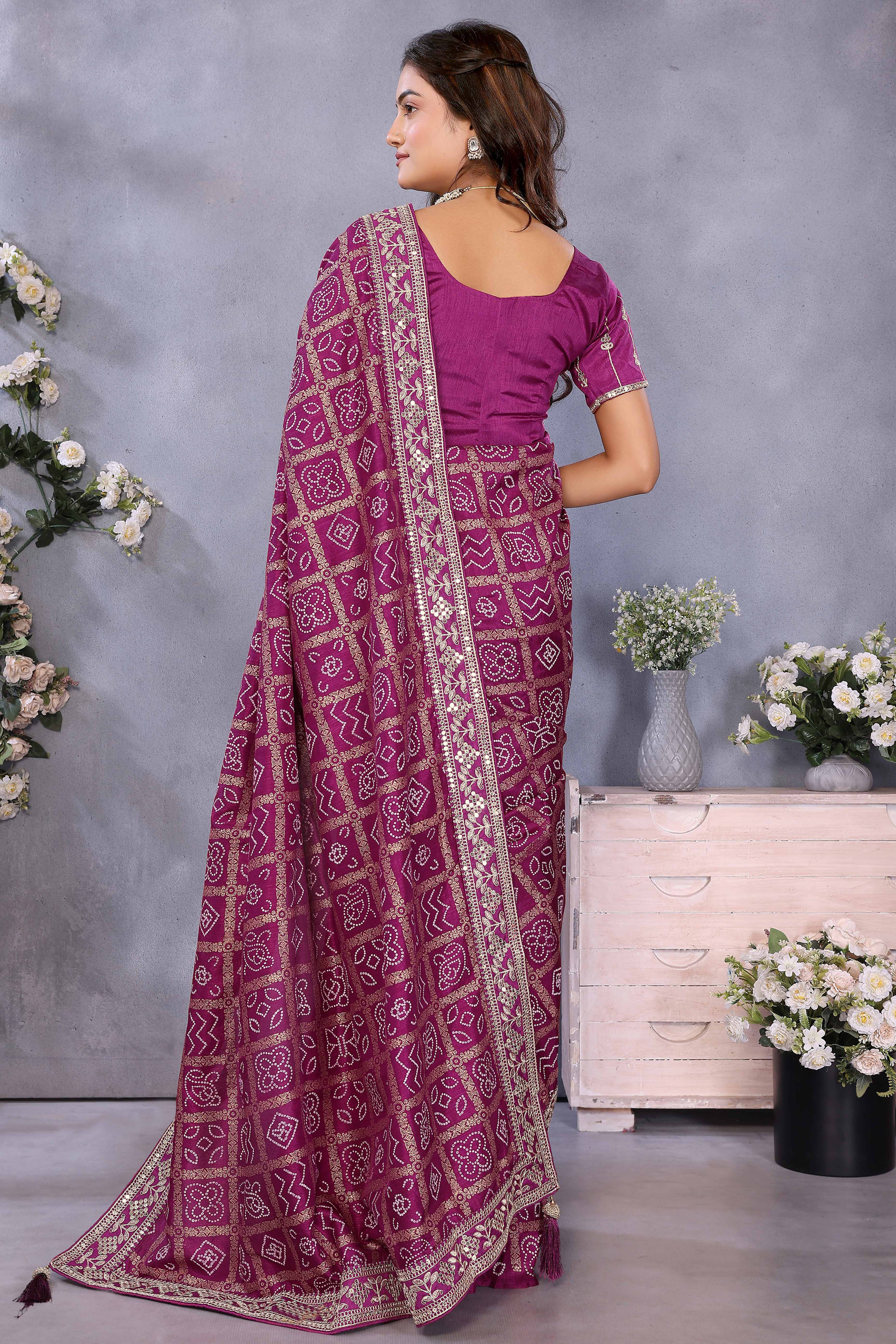 Purple Vichitra Silk Saree Highlighted with Bandhani Print and Sequins Embroidered Border - Image 5
