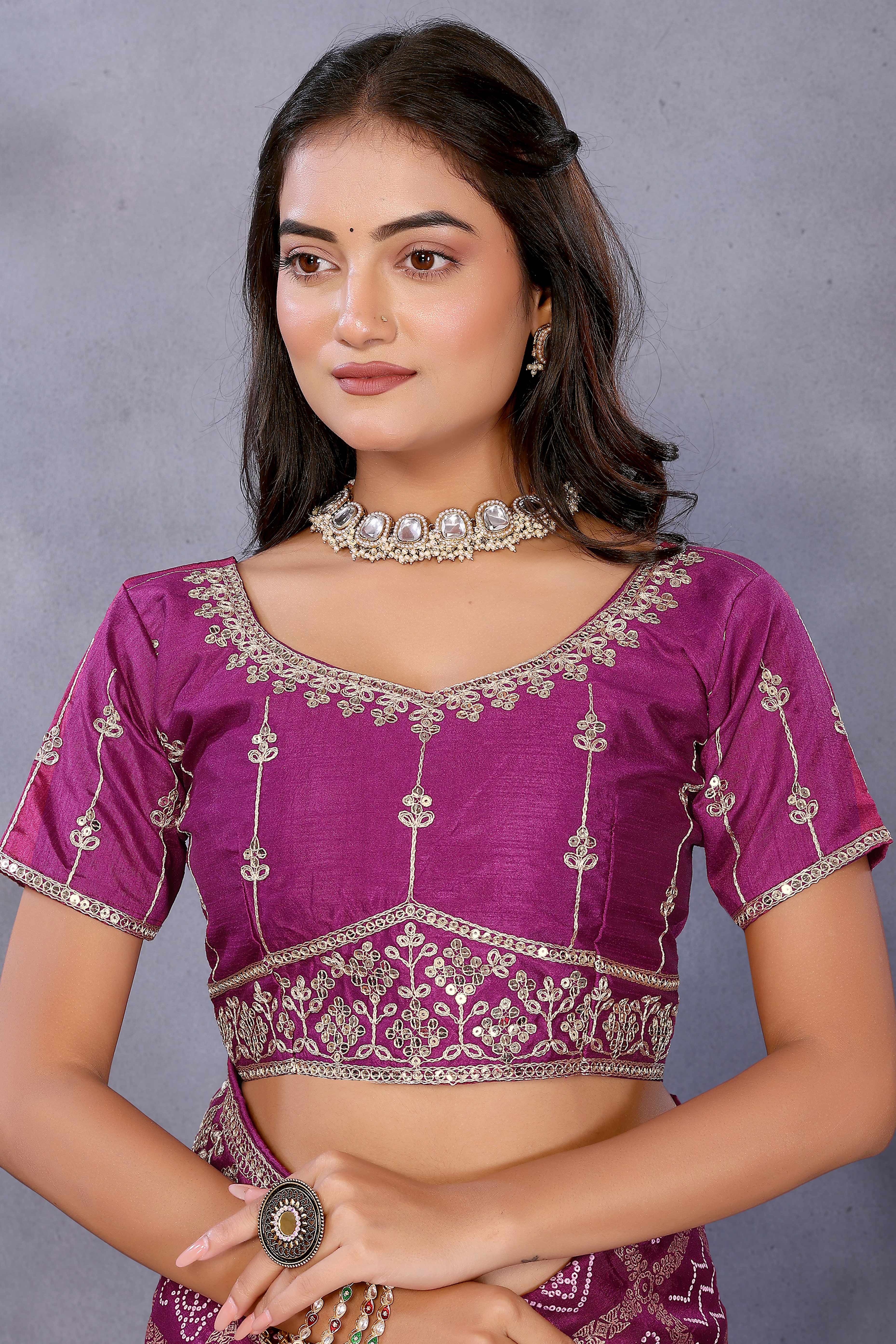 Purple Vichitra Silk Saree Highlighted with Bandhani Print and Sequins Embroidered Border - Image 7
