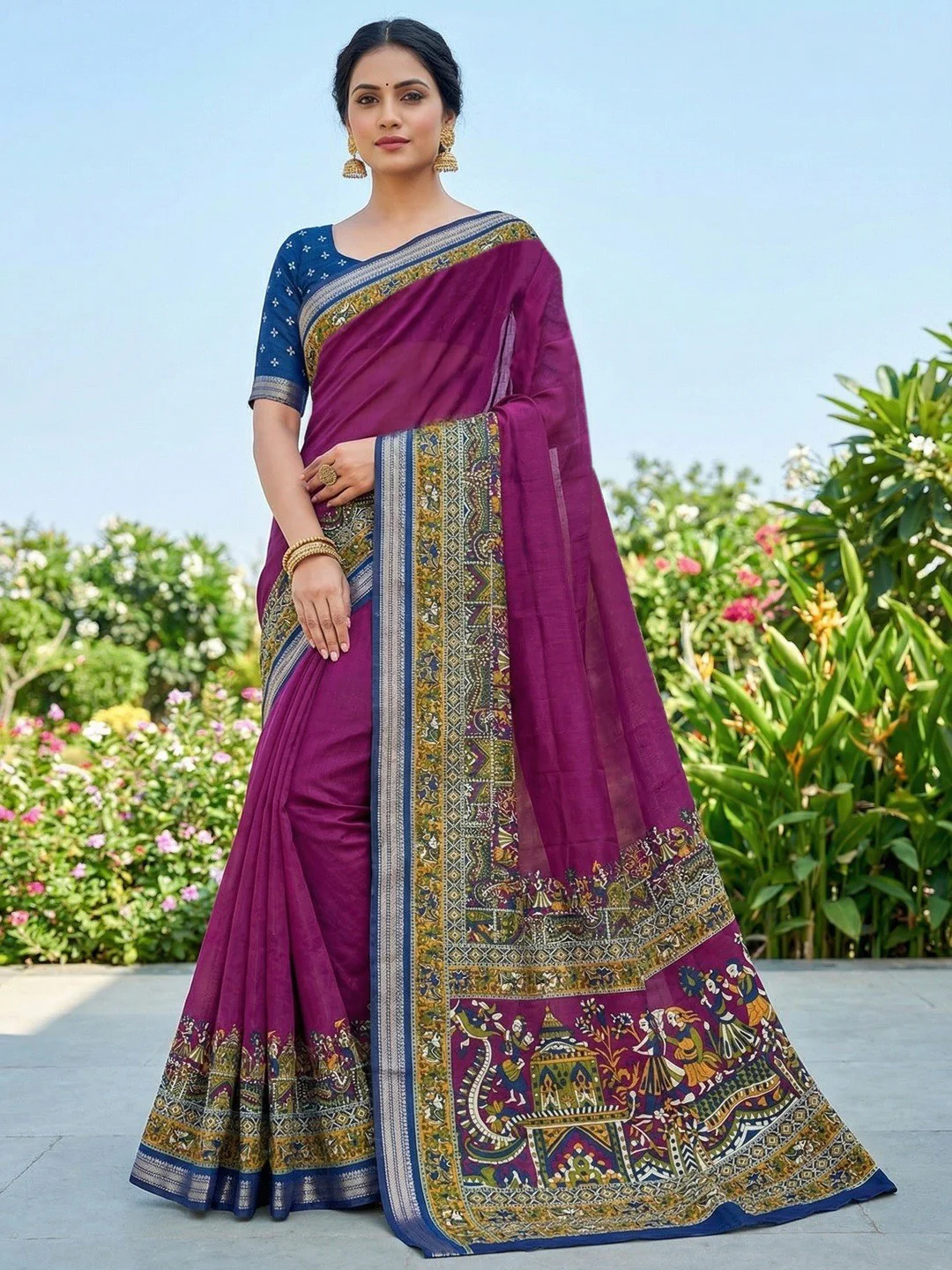 Purple Viscose Saree with Kalamkari Print and Jari Border and Fine Finish