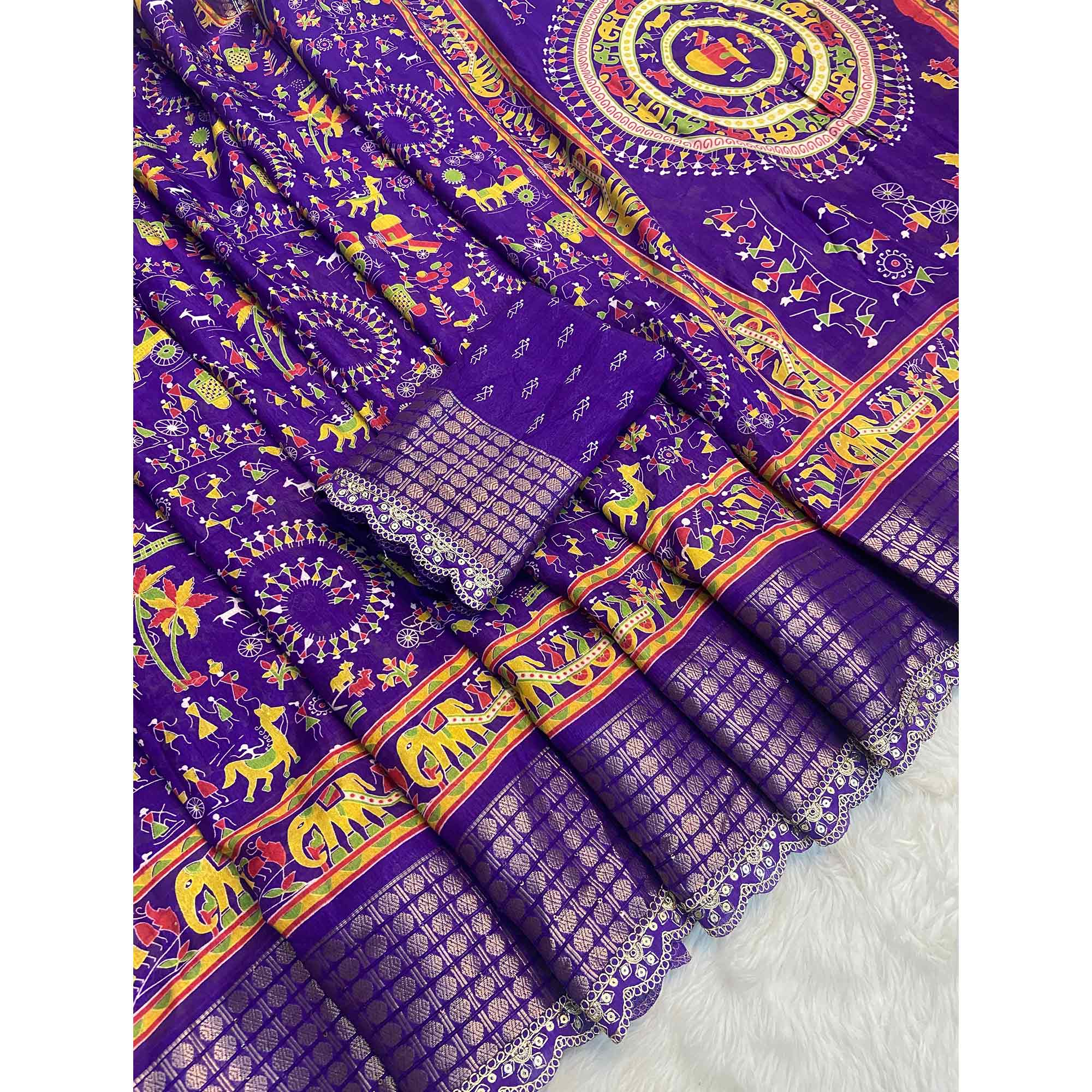 Purple Warli Printed Dola Silk Saree With Sequins Border - Image 4