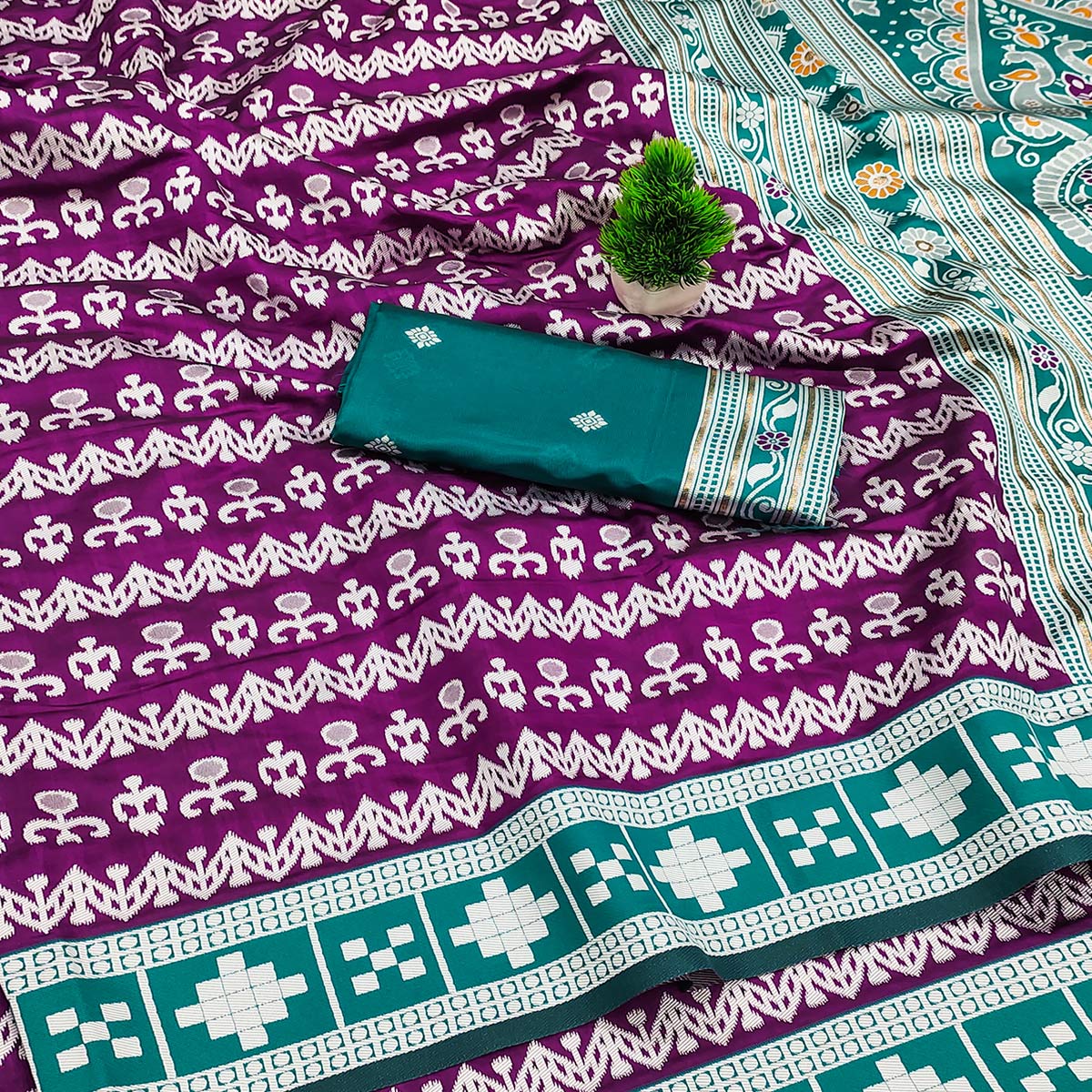 Purple Weaving Cotton Silk Saree With Contrasting Floral & Peacock Design Pallu - Image 2