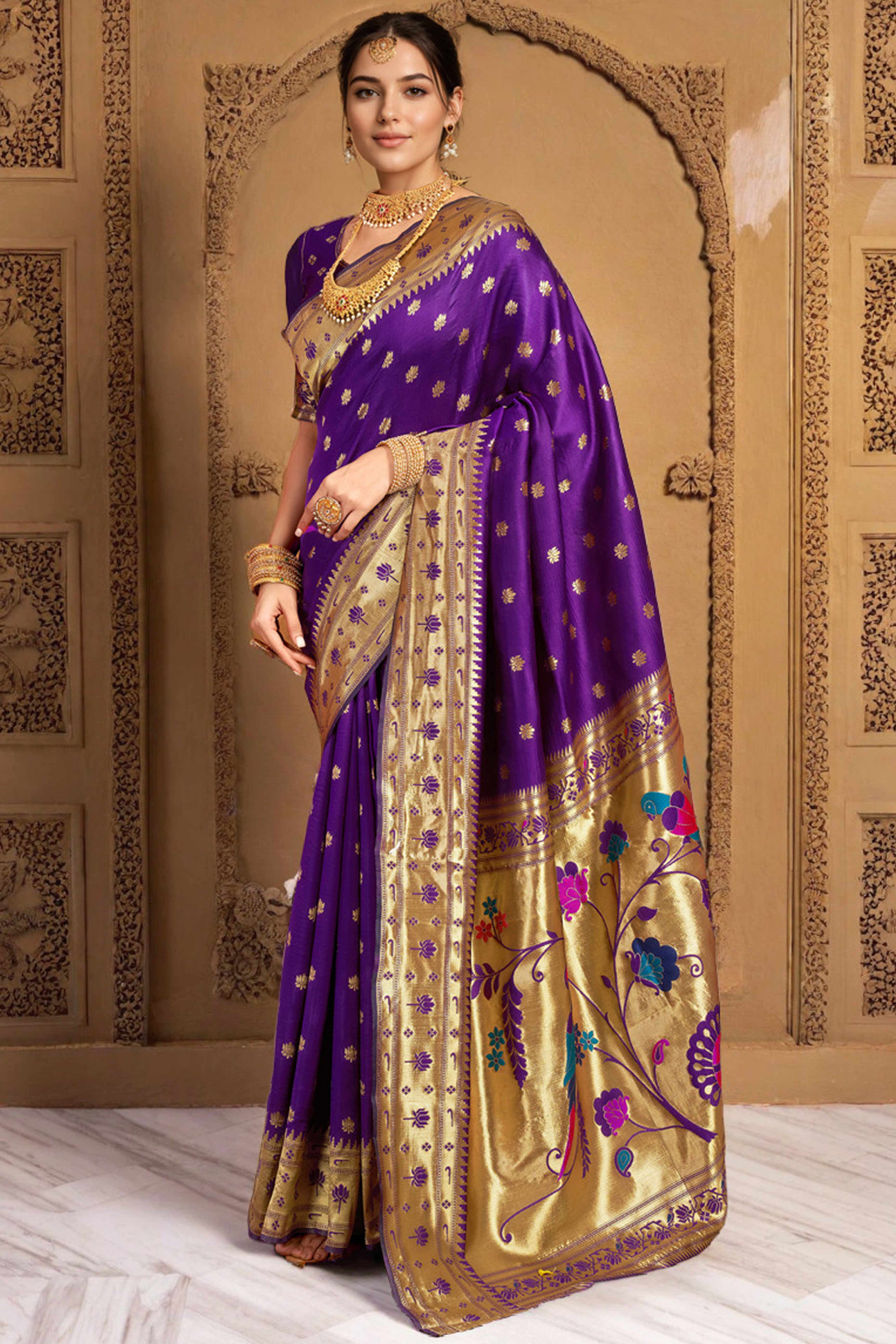 Purple Weaving Silk Blend Paithani Saree With Floral & Parrot Motif Pallu - Image 4