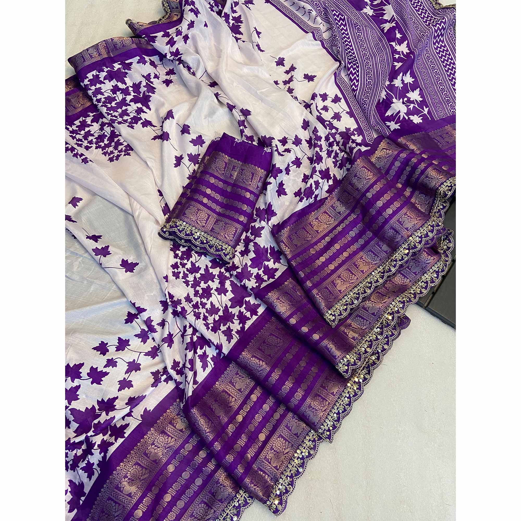 Purple & White Floral Printed Dola Silk Saree With Woven Border - Image 3