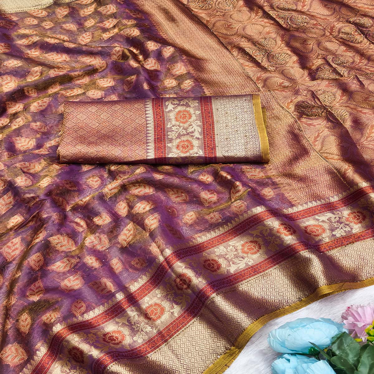 Purple Woven Banarasi Crunchy Silk Saree With Leaf & Floral Motifs Accented By Sparkling Stone - Image 2