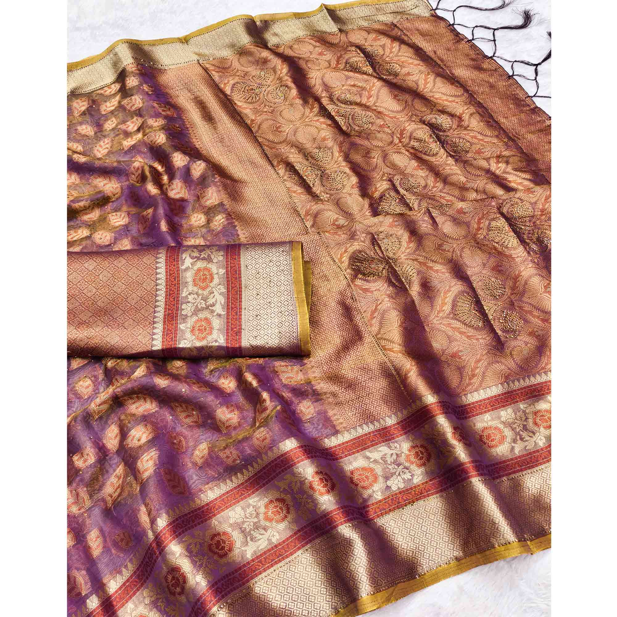 Purple Woven Banarasi Crunchy Silk Saree With Leaf & Floral Motifs Accented By Sparkling Stone - Image 3