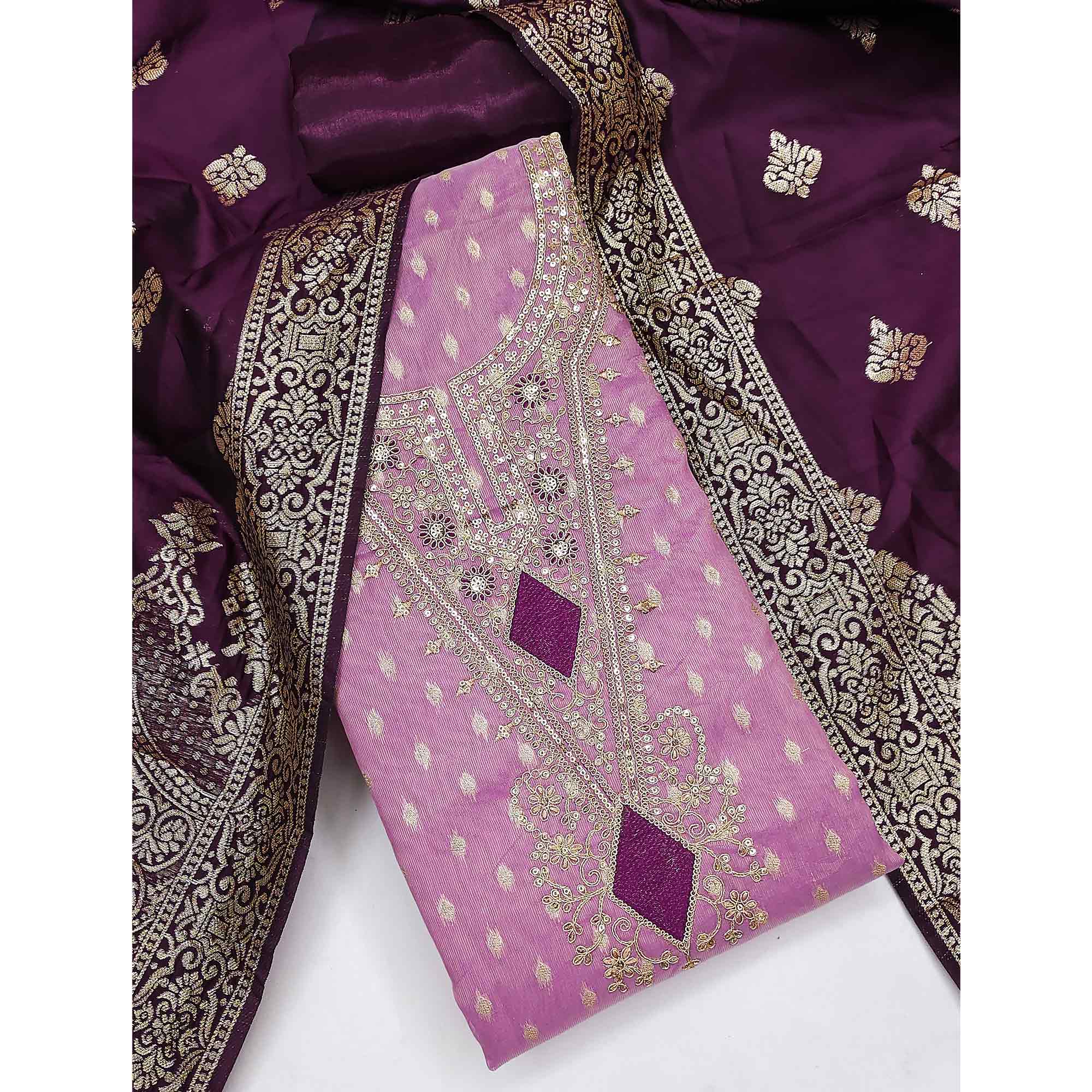 Purple Woven Banarasi Silk Dress Material With Intricate Cording & Sequin Embellishments - Image 3