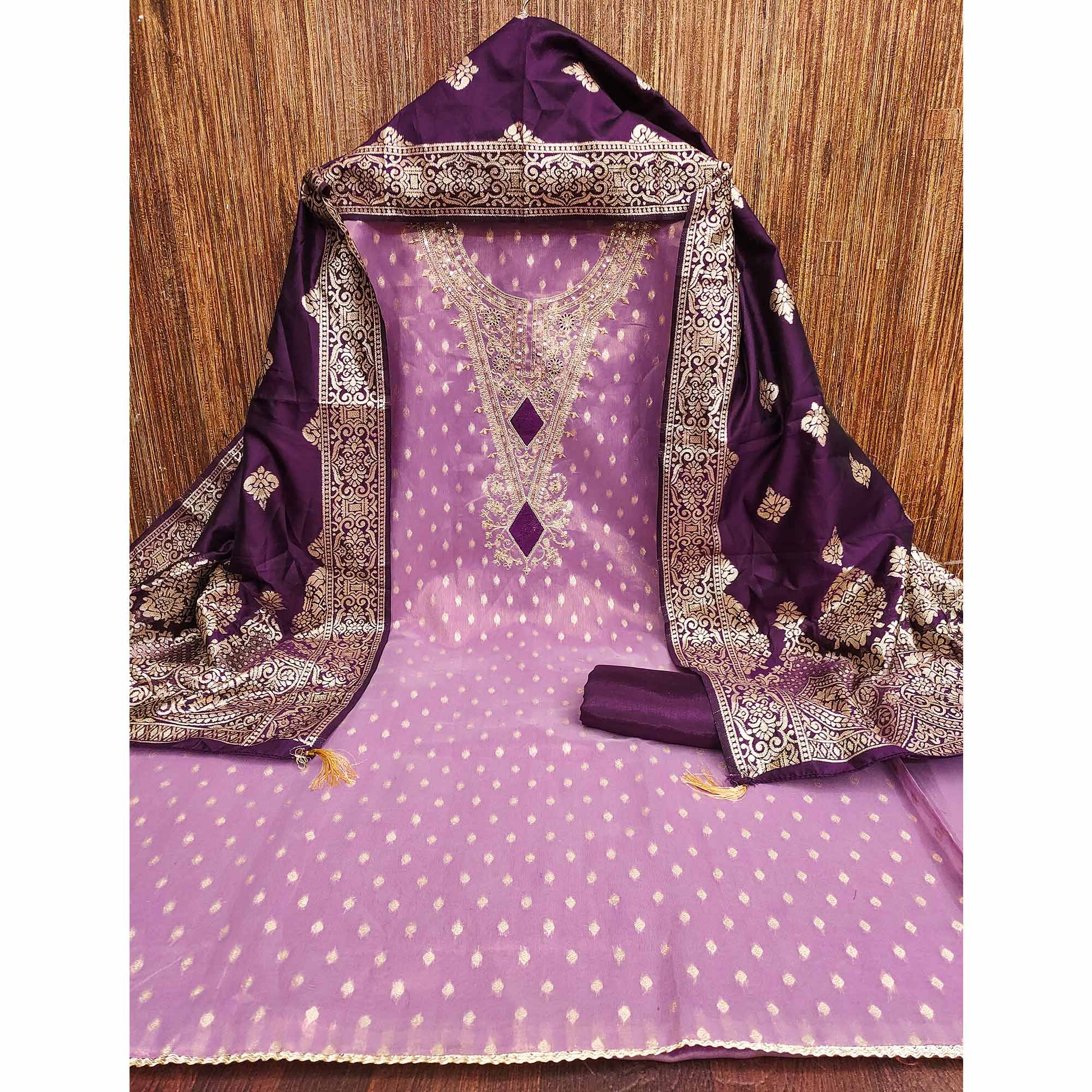 Purple Woven Banarasi Silk Dress Material With Intricate Cording & Sequin Embellishments - Image 4