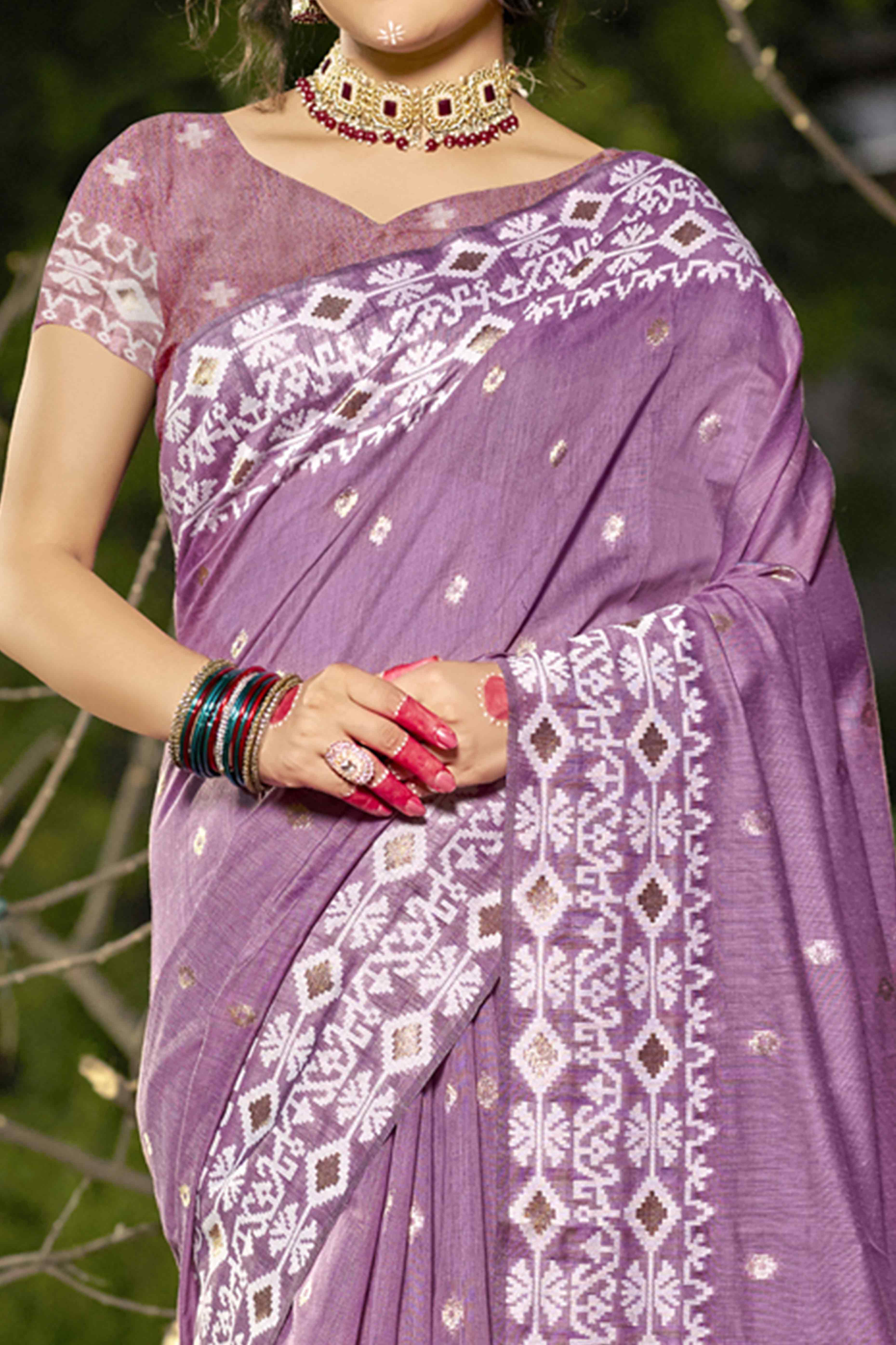 Purple Woven Linen Cotton Saree With Tassels - Image 2