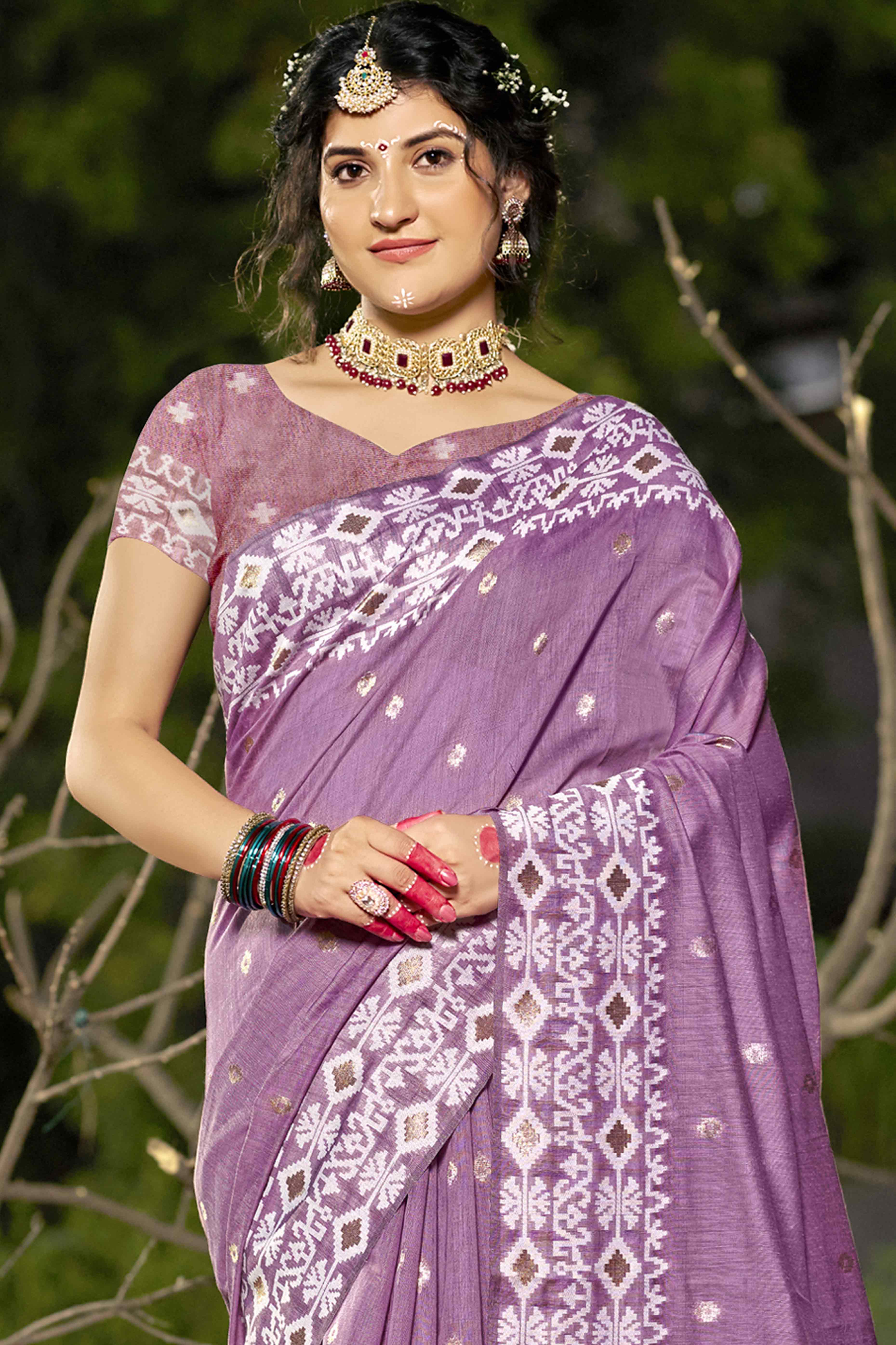 Purple Woven Linen Cotton Saree With Tassels - Image 3