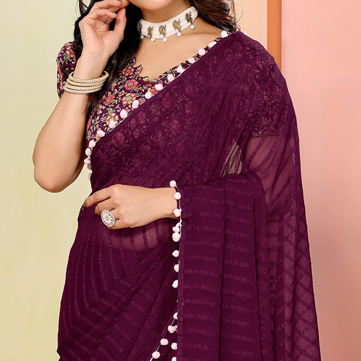 Purple Woven Striped Pattern Georgette Saree - Image 3