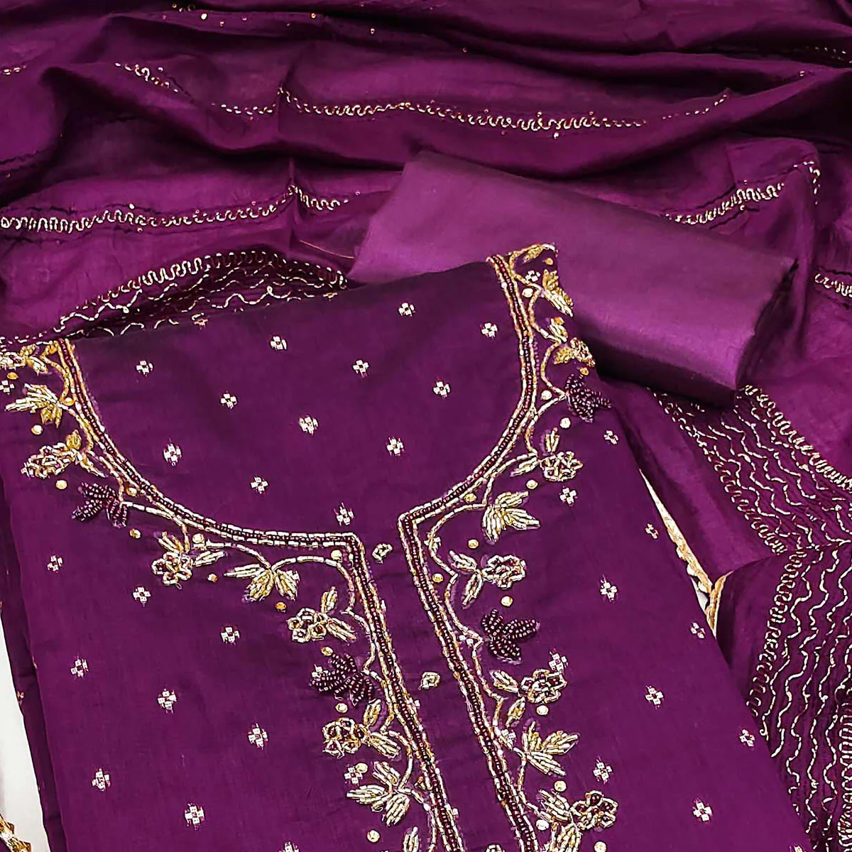 Purple Woven With handwork Chanderi Modal Dress Material - Image 2