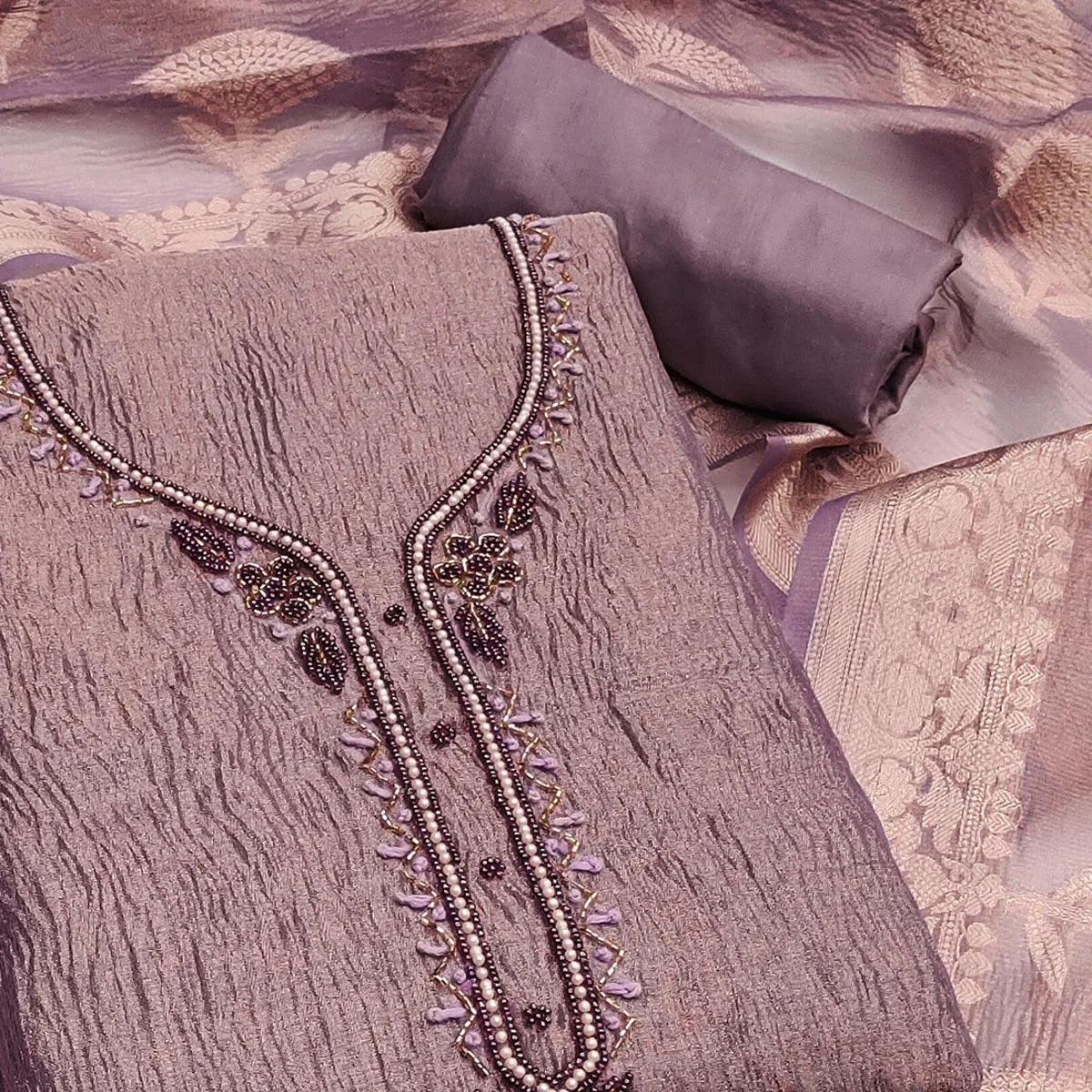 Purple Woven With Handwork Crush Tissue Dress Material - Image 2
