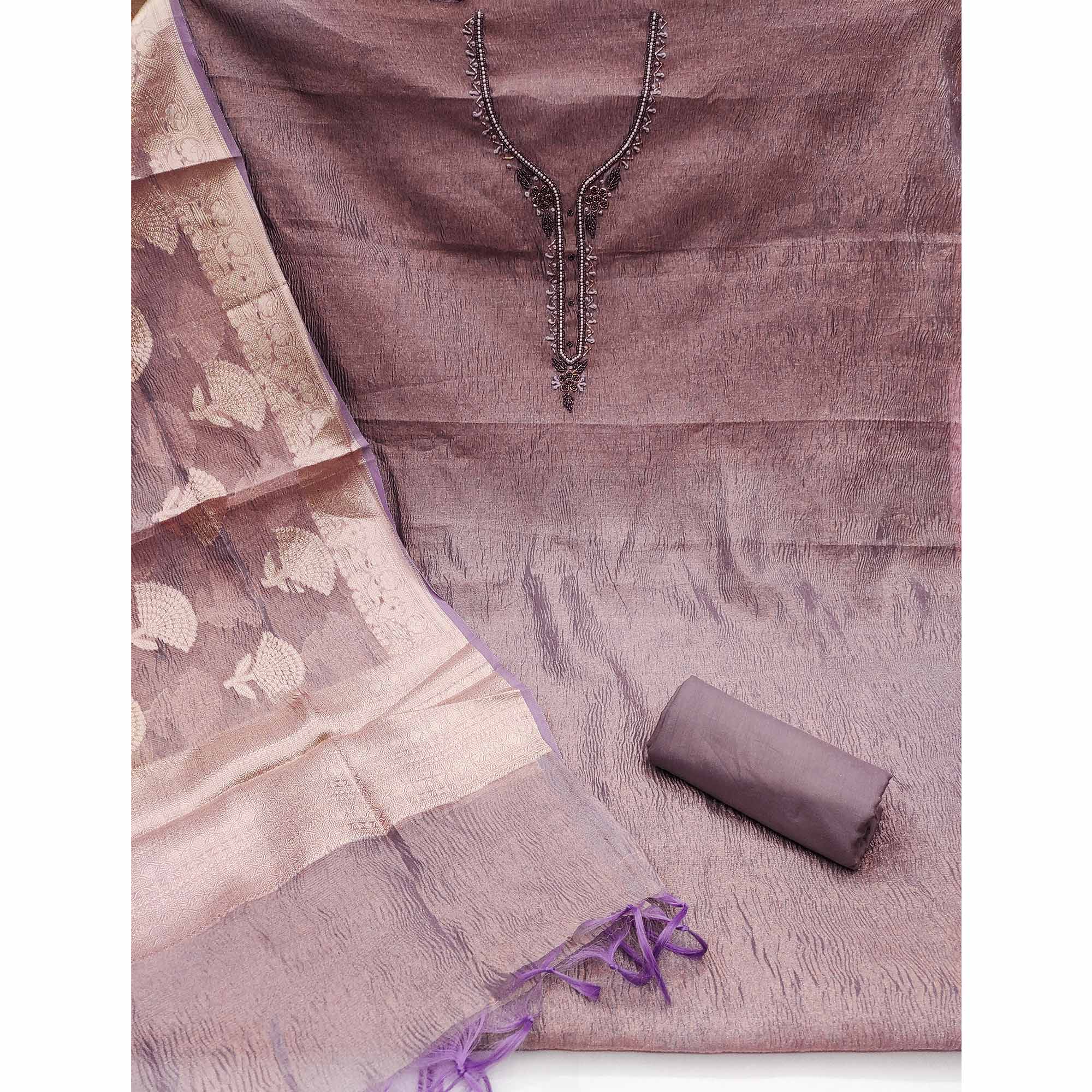 Purple Woven With Handwork Crush Tissue Dress Material - Image 3