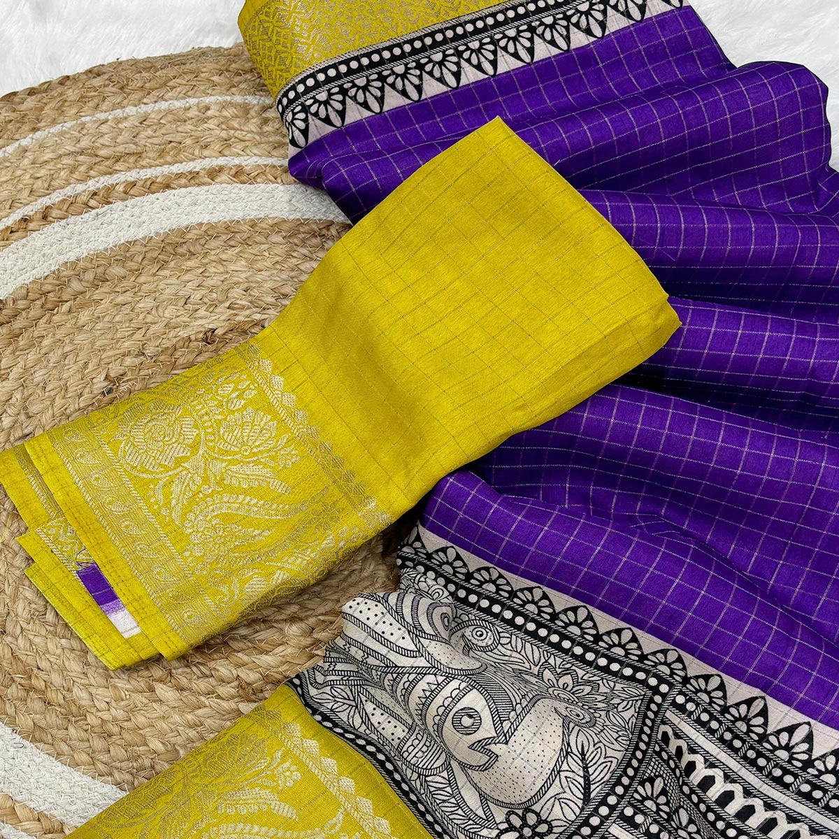 Purple & Yellow Zari Woven Dola Silk Saree - Image 2