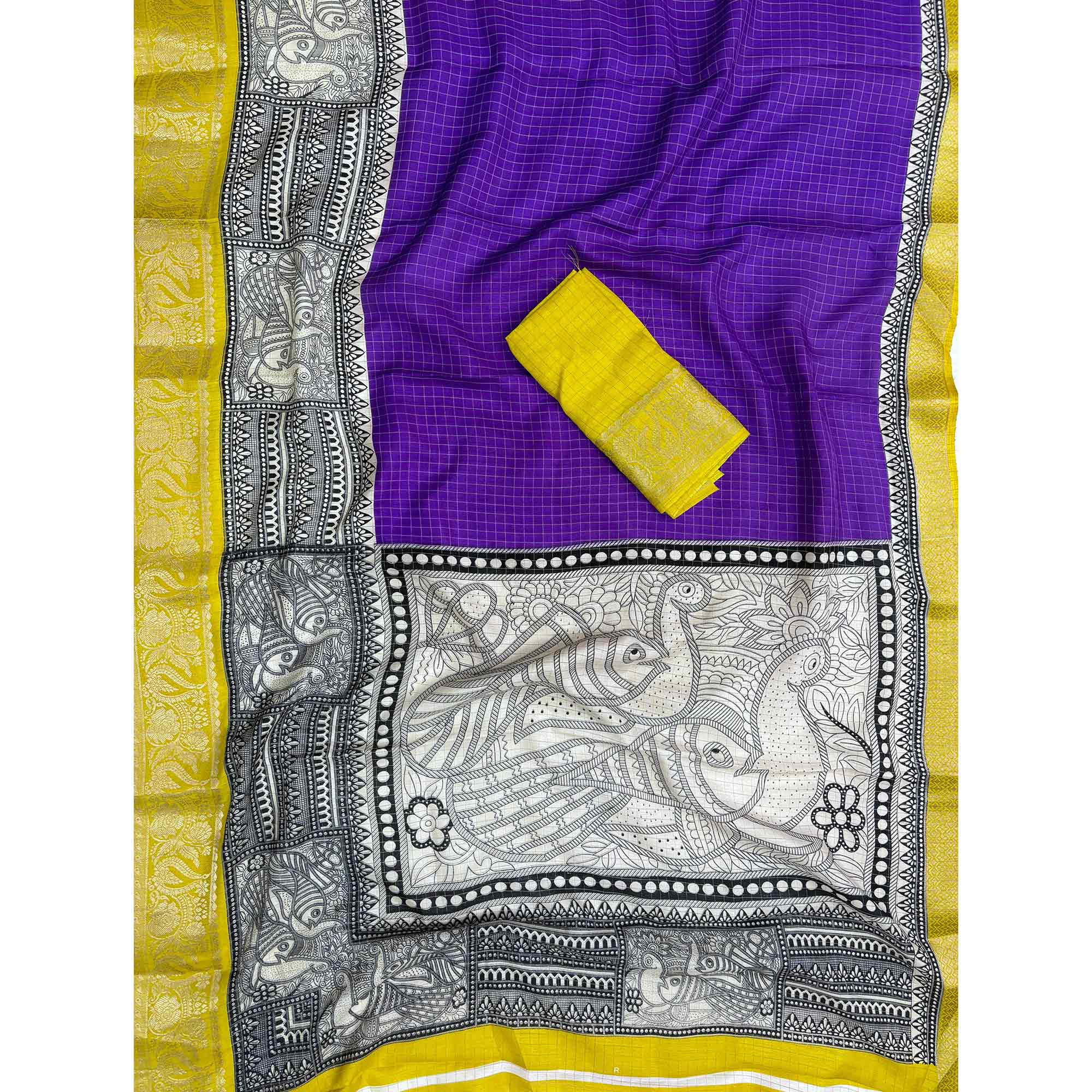 Purple & Yellow Zari Woven Dola Silk Saree - Image 3