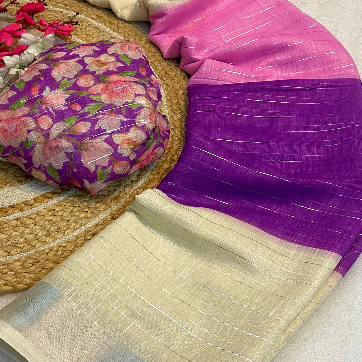 Purple Zari Weaving Linen Saree - Image 2