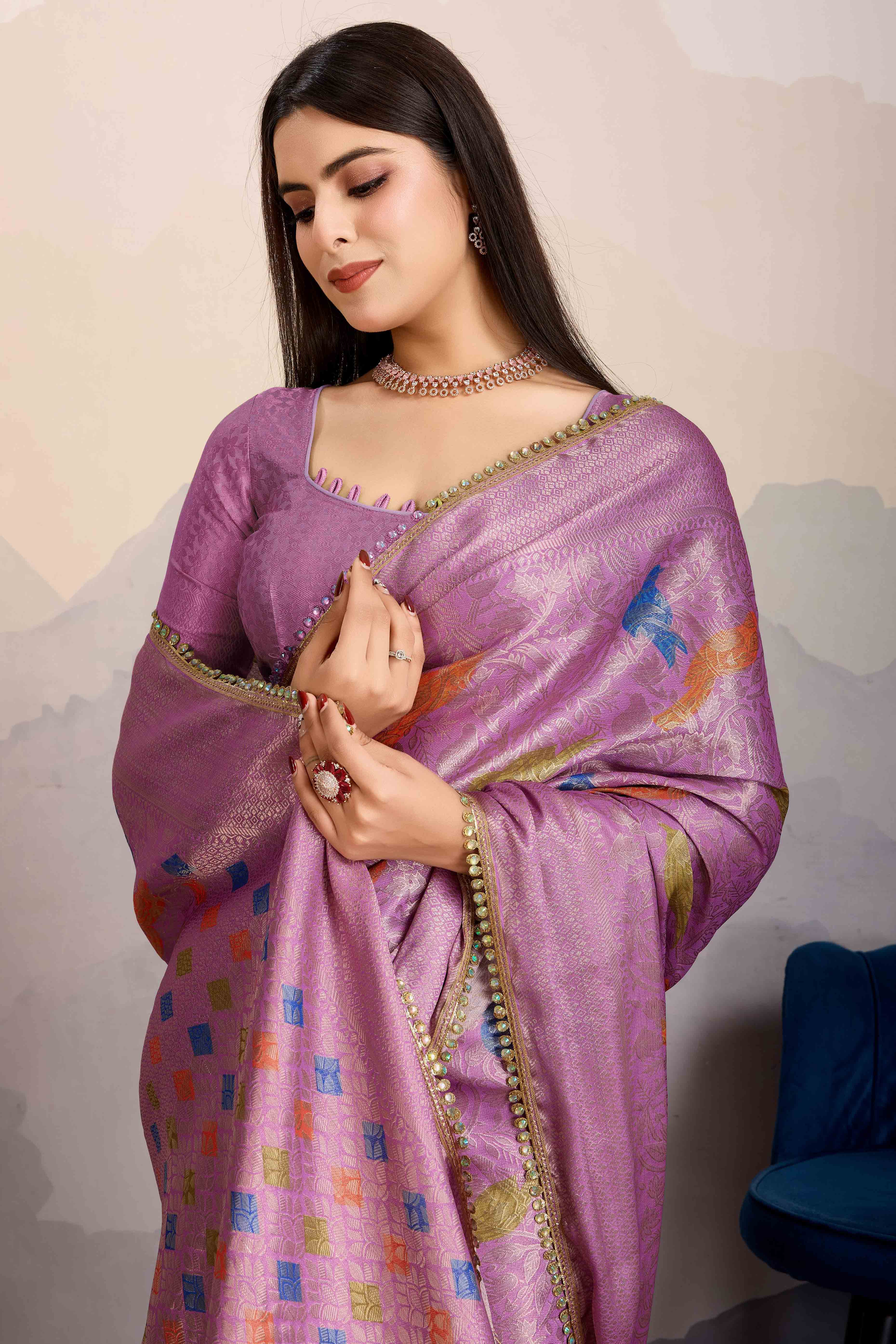 Purple Zari Weaving Mysore Brocade Silk Saree - Image 6