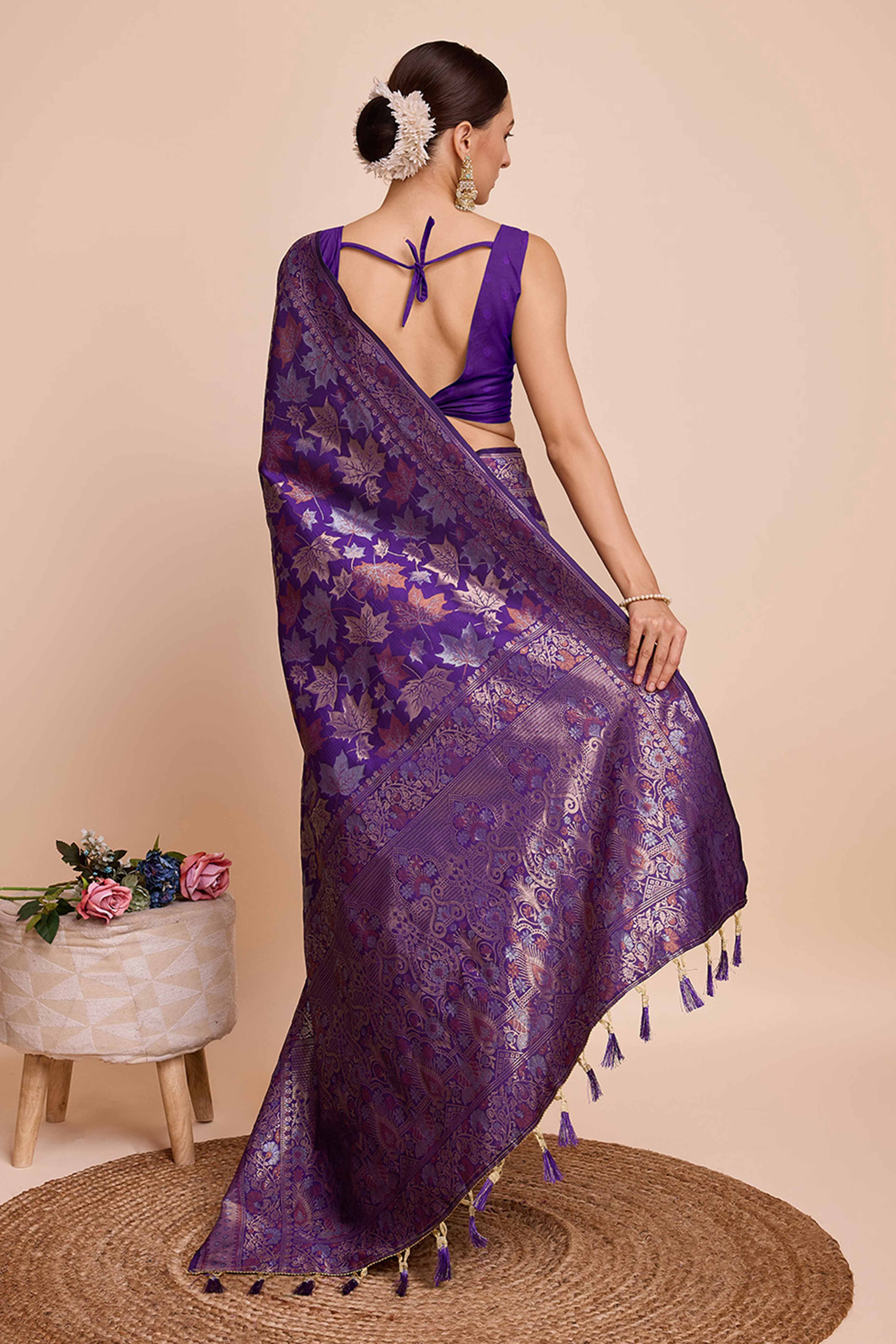 Purple Zari Weaving Pure Silk Saree - Image 5