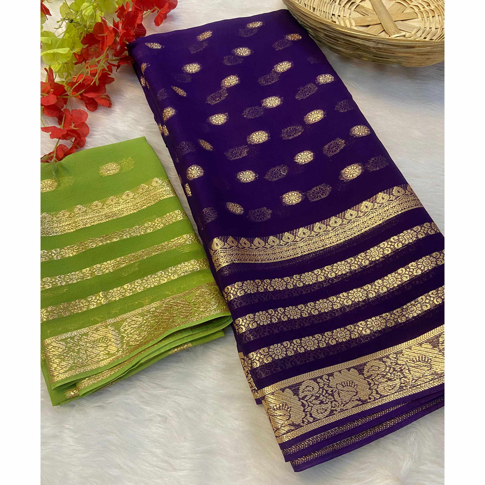Purple Zari Weaving Georgette Saree - Image 3