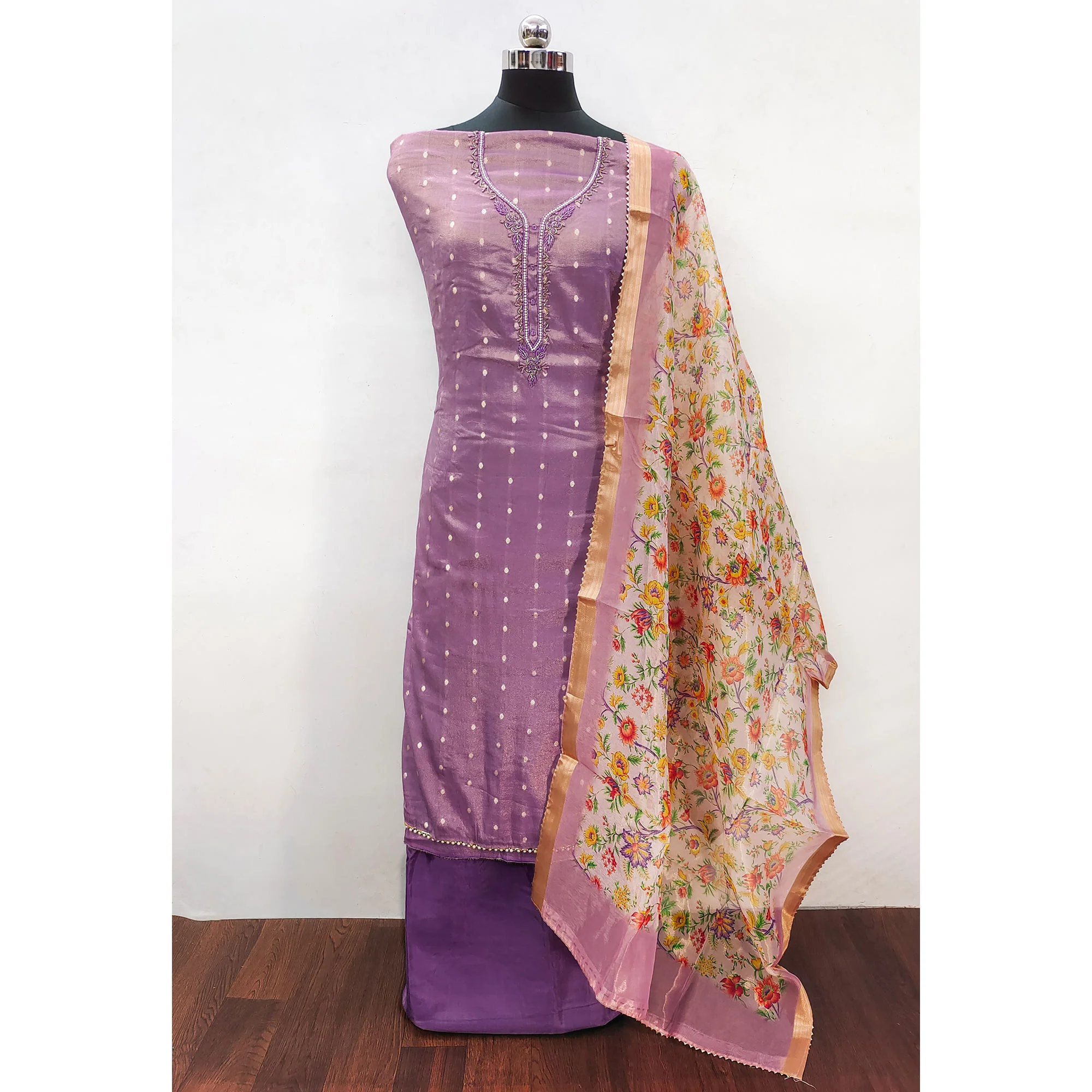 Purple Zari Work Woven Net Dress Material - Image 3