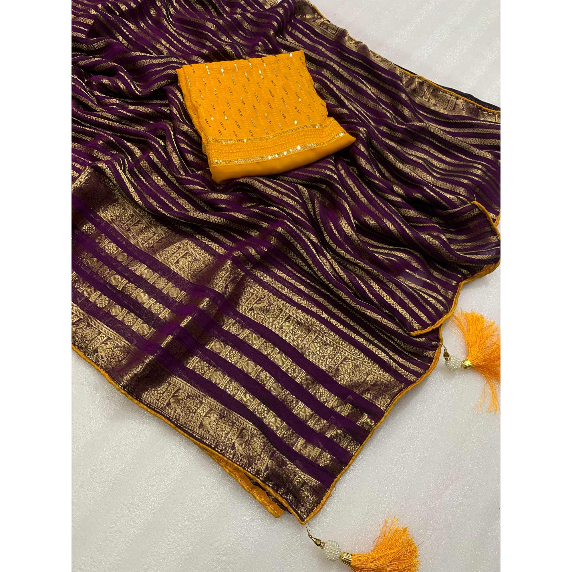 Purple Zari Work Woven Organza Saree - Image 3
