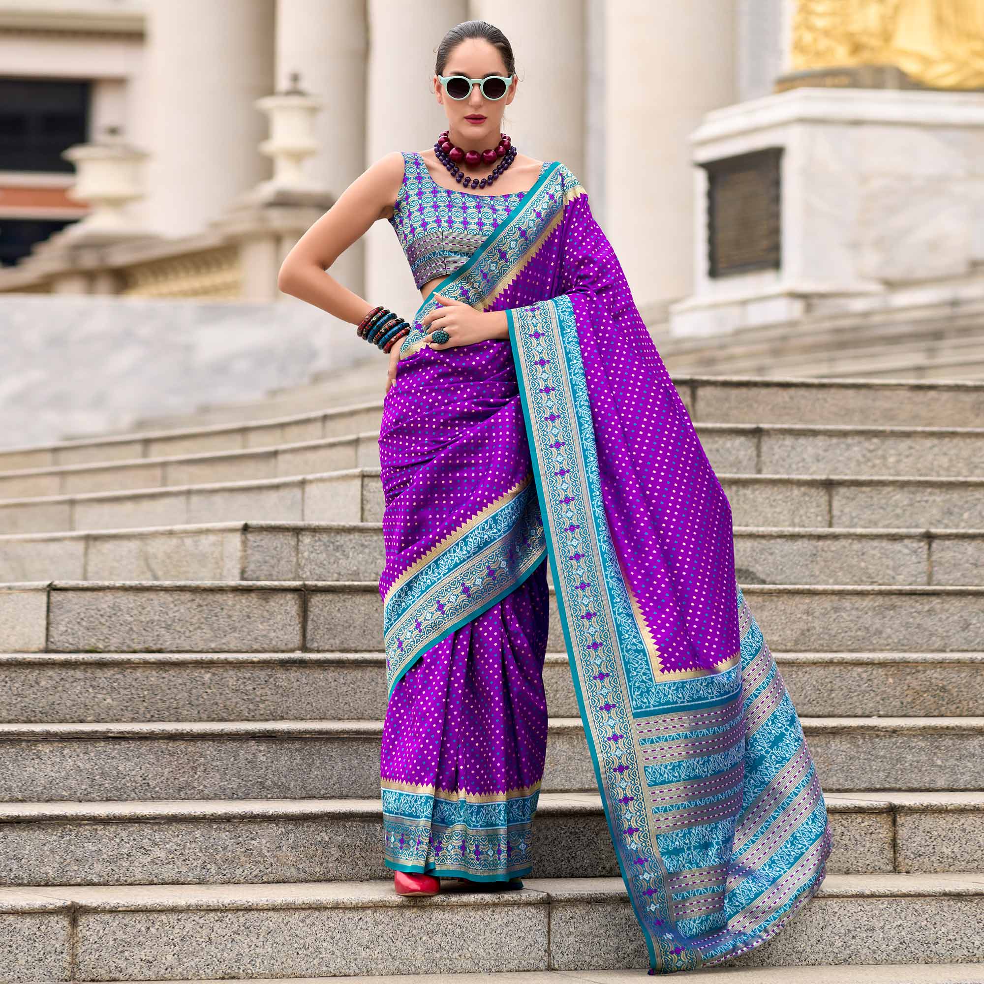 Purple Zari Woven Banarasi Silk Saree - Image 2
