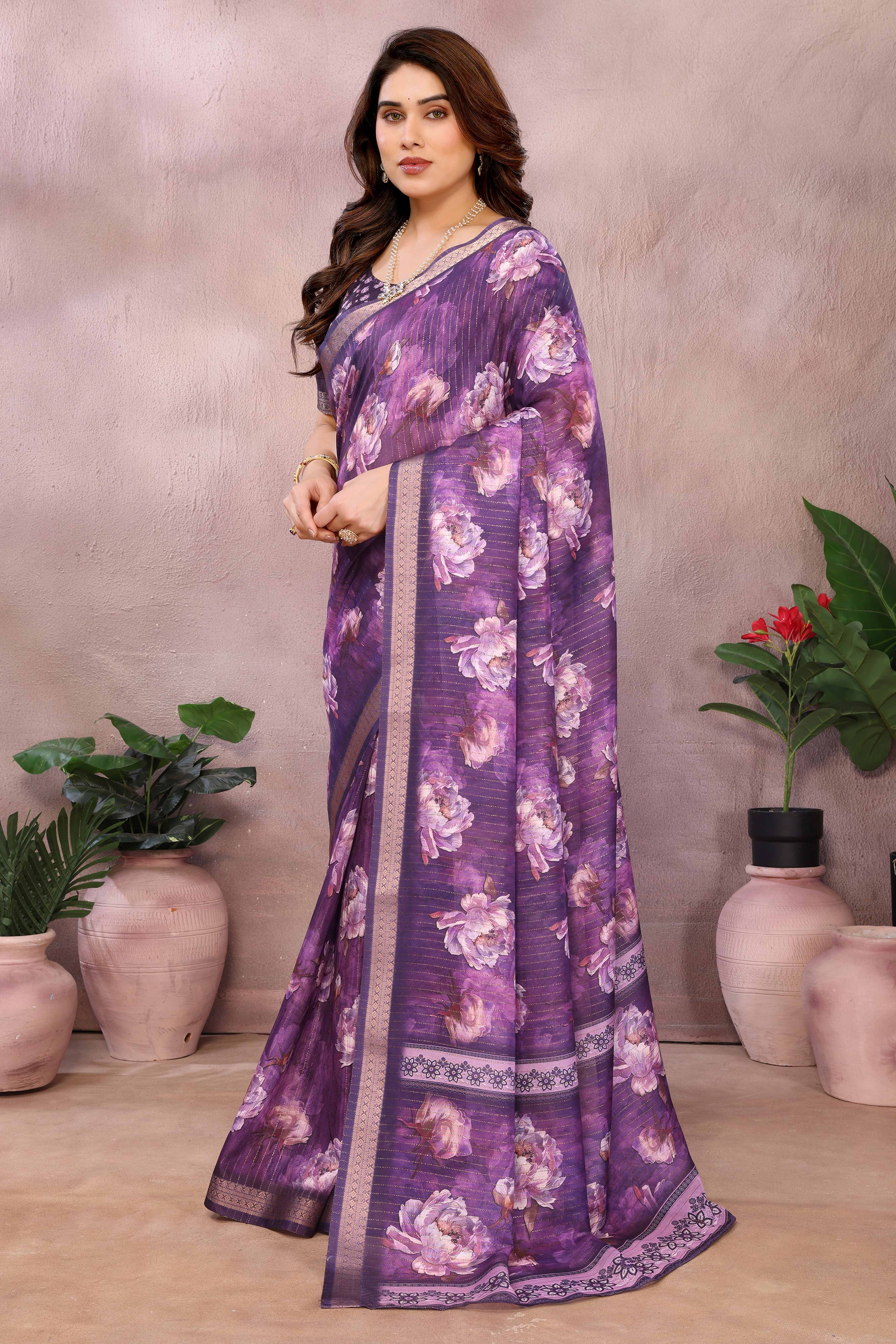 Purple Zari Woven Saree with Floral Motifs in Cotton Blend Fabric - Image 3