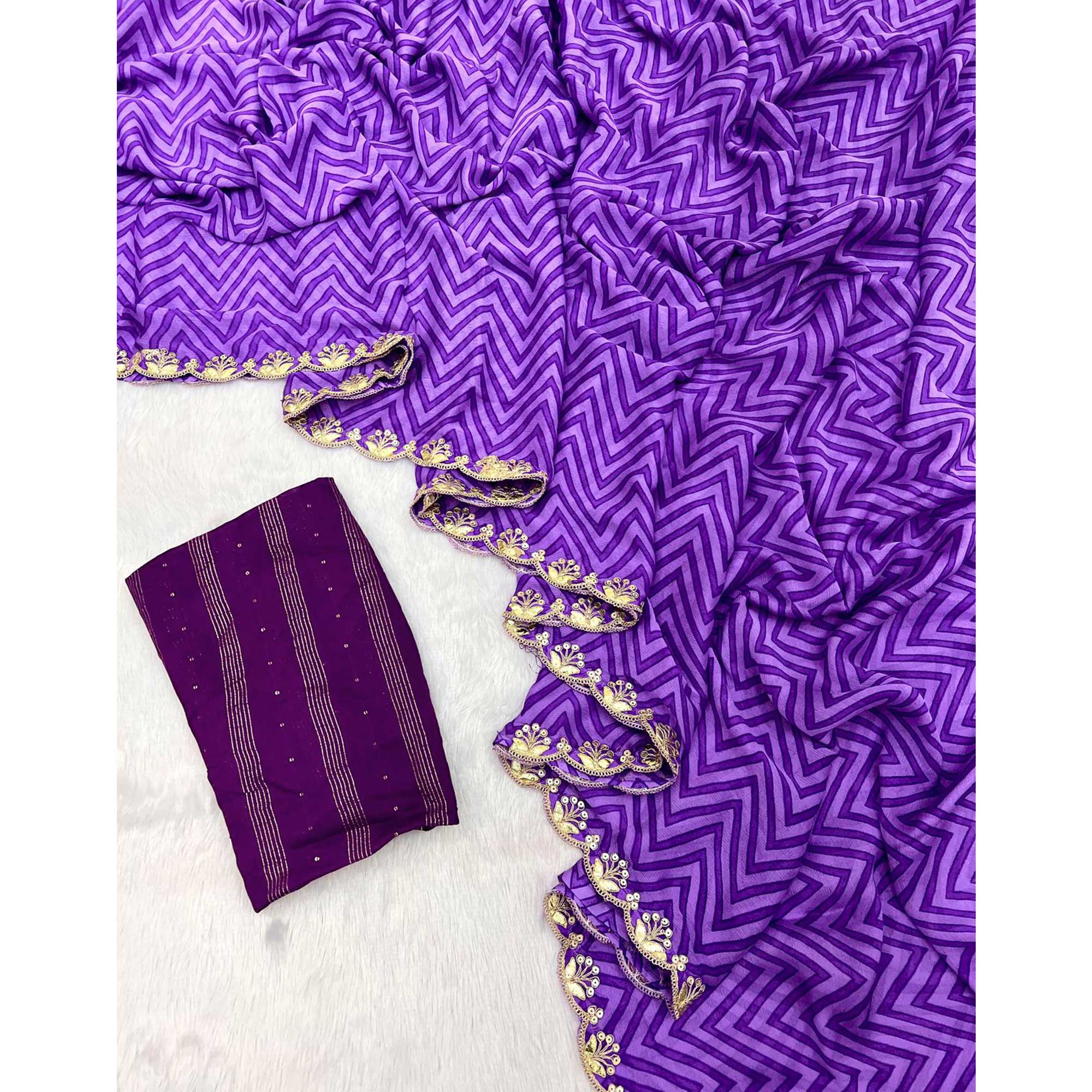 Purple Zig Zag Printed Chiffon Saree With Sequins Embroidered Border - Image 3