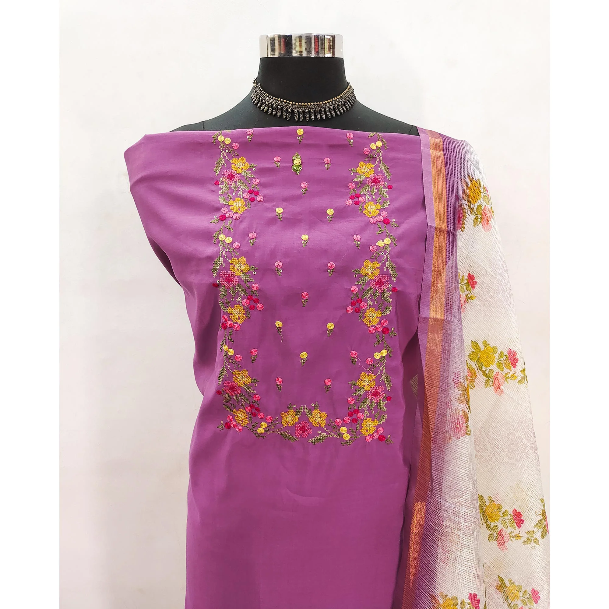 Purpple Viscose Dress Material With Floral Embroidered Neckline - Image 4