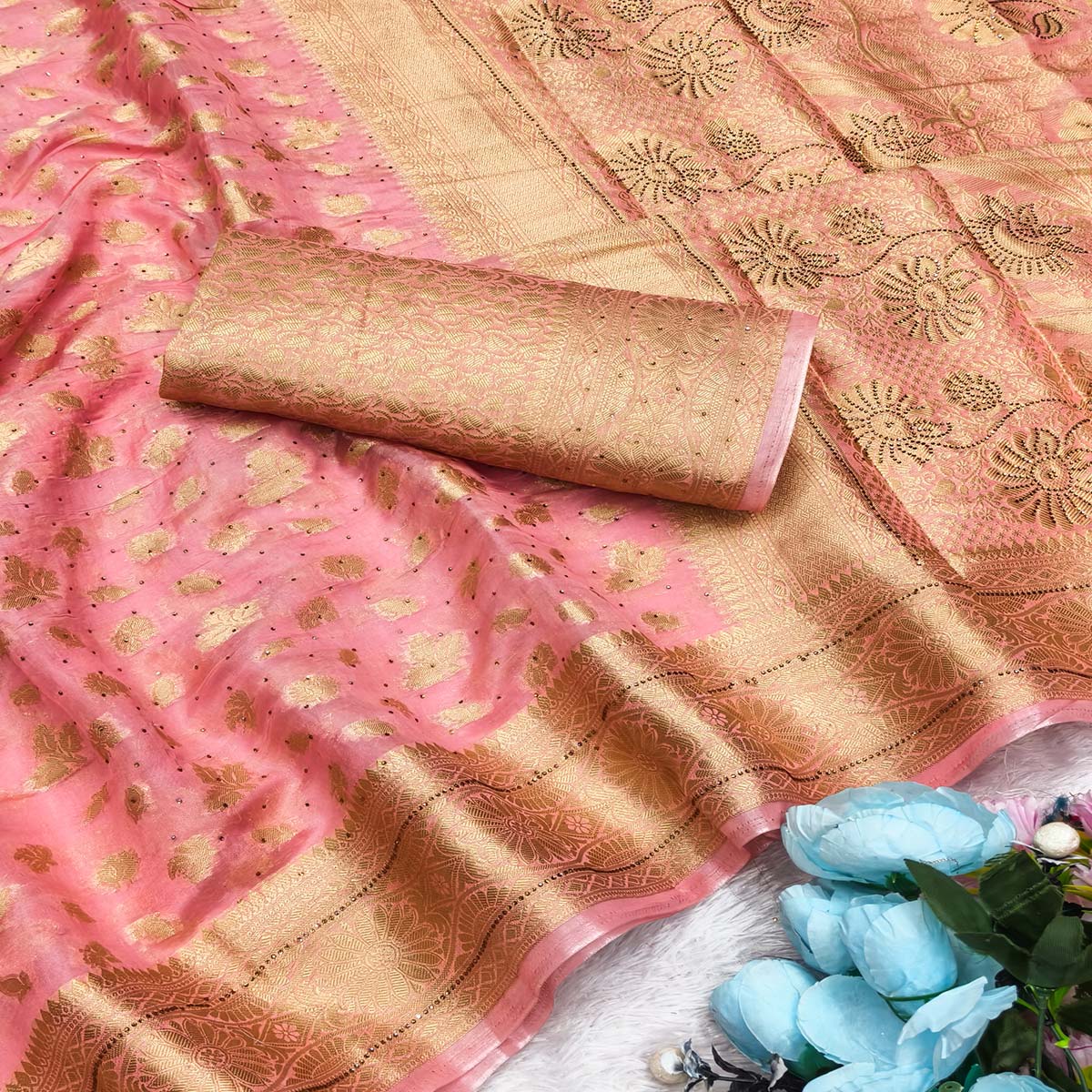 Radiant Baby Pink Tissue Banarasi Saree With Intricate Floral Zari Weaving & Stone Embellishments - Image 2