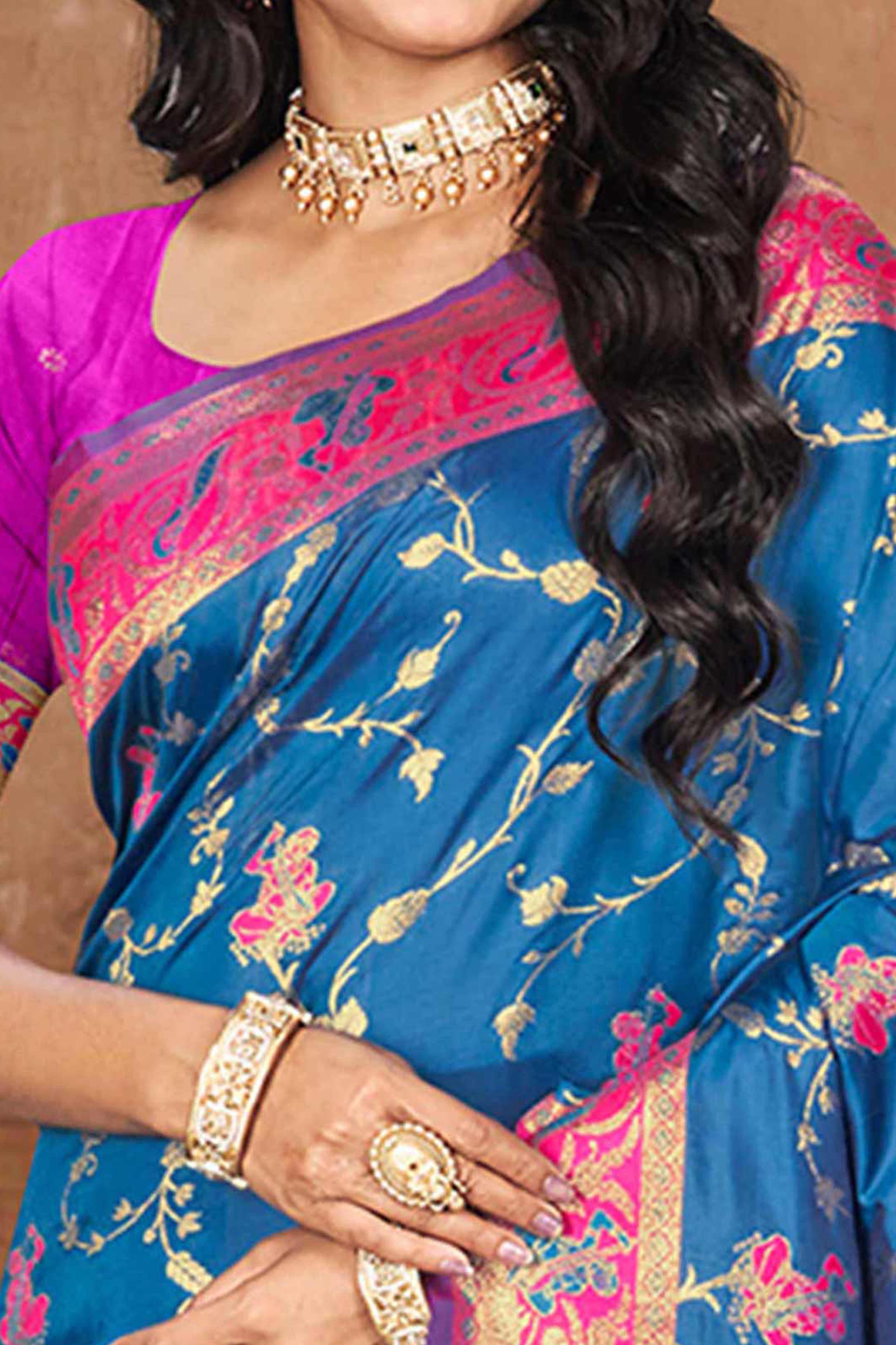 Radiant Blue Floral Zari Weaving Silk Blend Saree With Tassel Pallu - Image 2