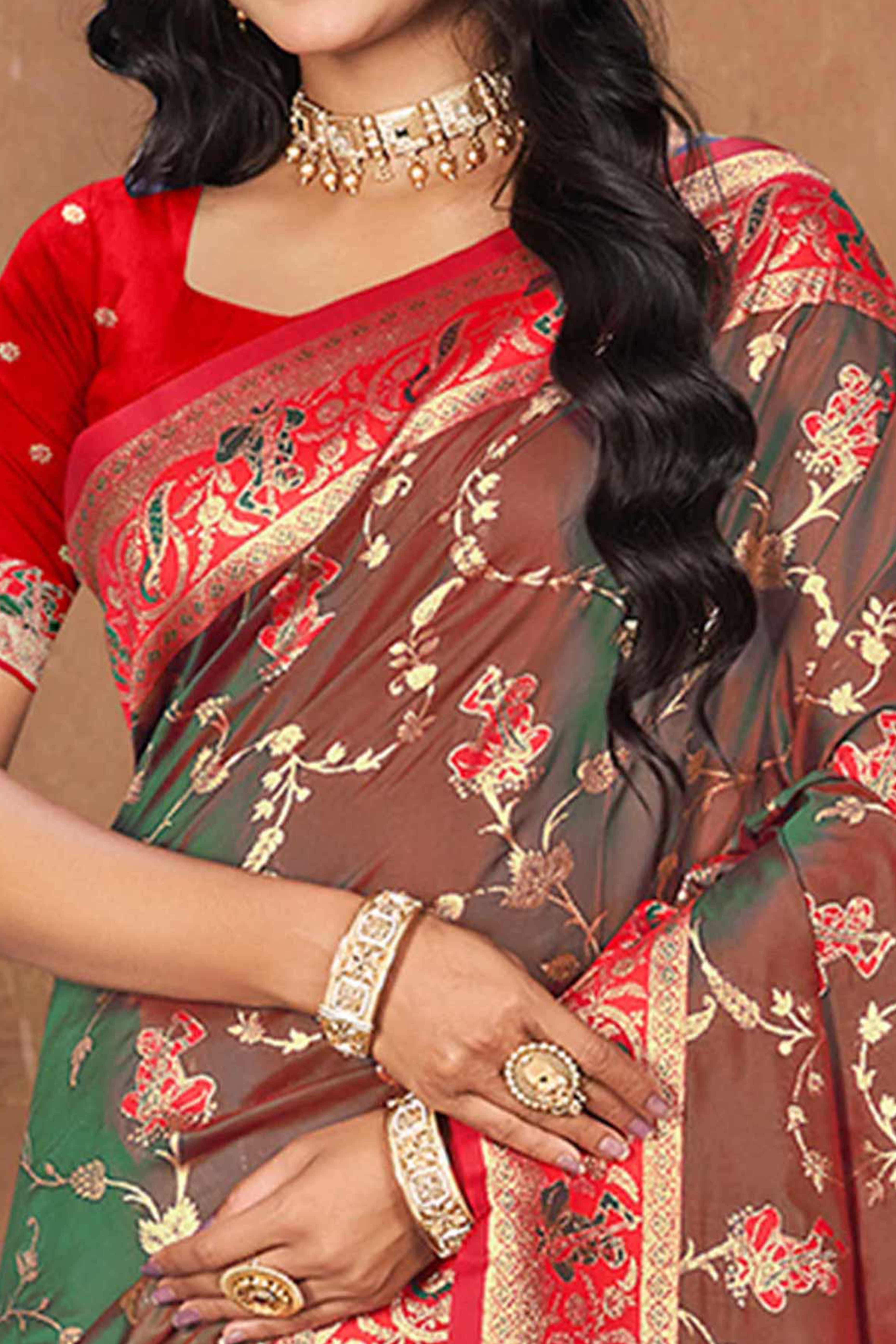 Radiant Brown Floral Zari Weaving Silk Blend Saree With Tassel Pallu - Image 2