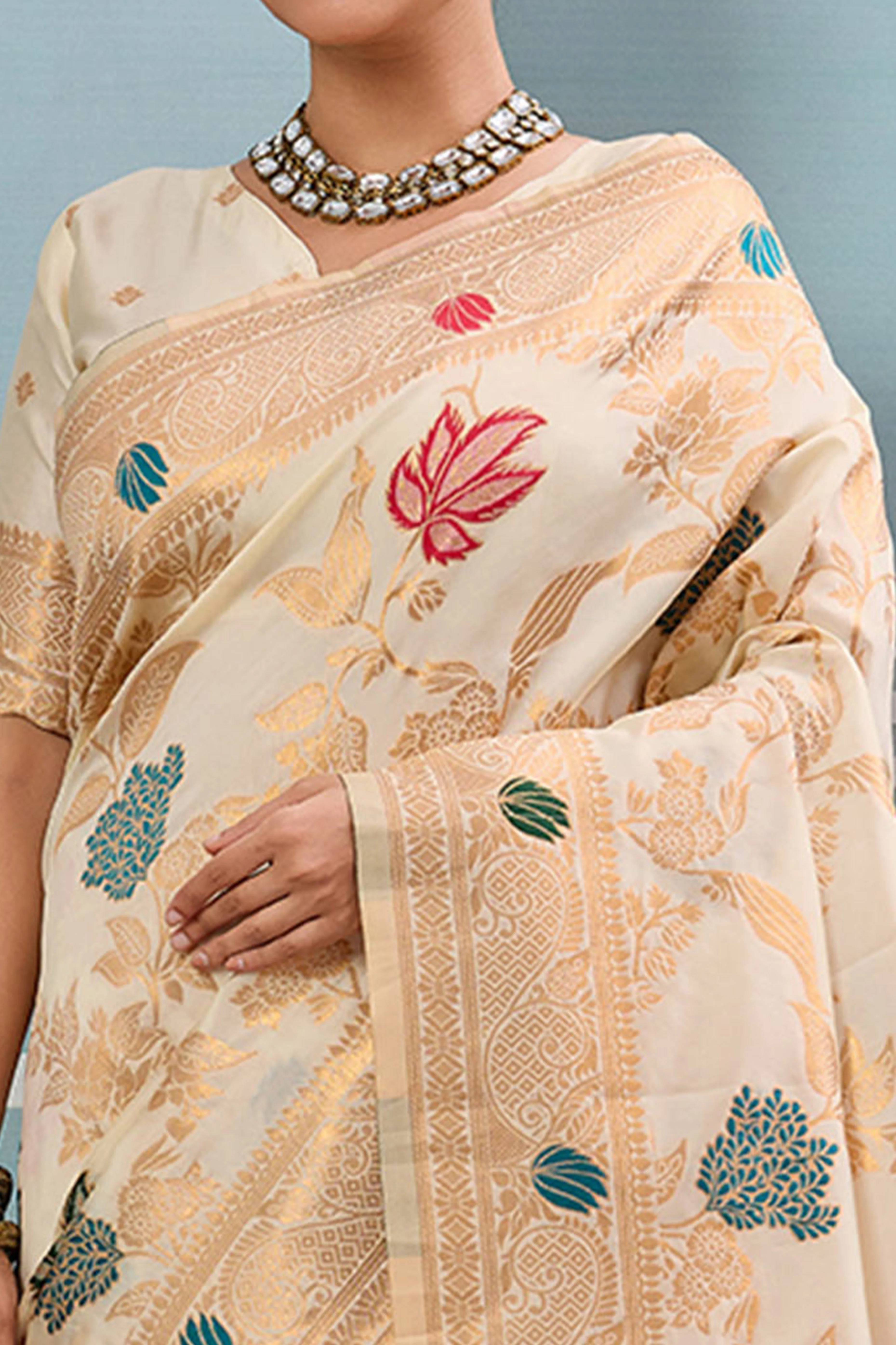 Radiant Cream Silk Blend Saree Adorned With Intricate Floral Zari Weaving & Tassel Pallu - Image 2
