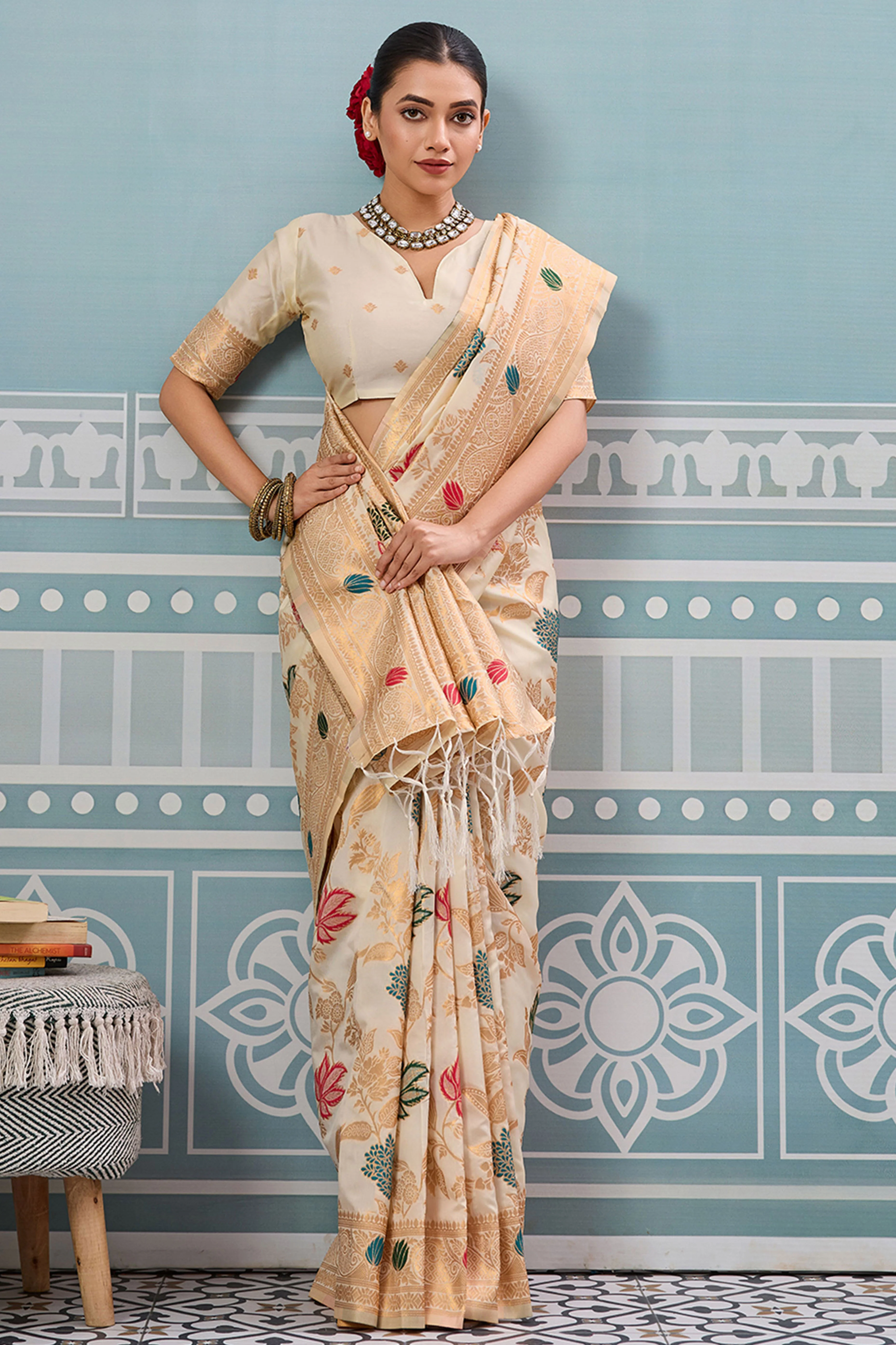Radiant Cream Silk Blend Saree Adorned With Intricate Floral Zari Weaving & Tassel Pallu - Image 3